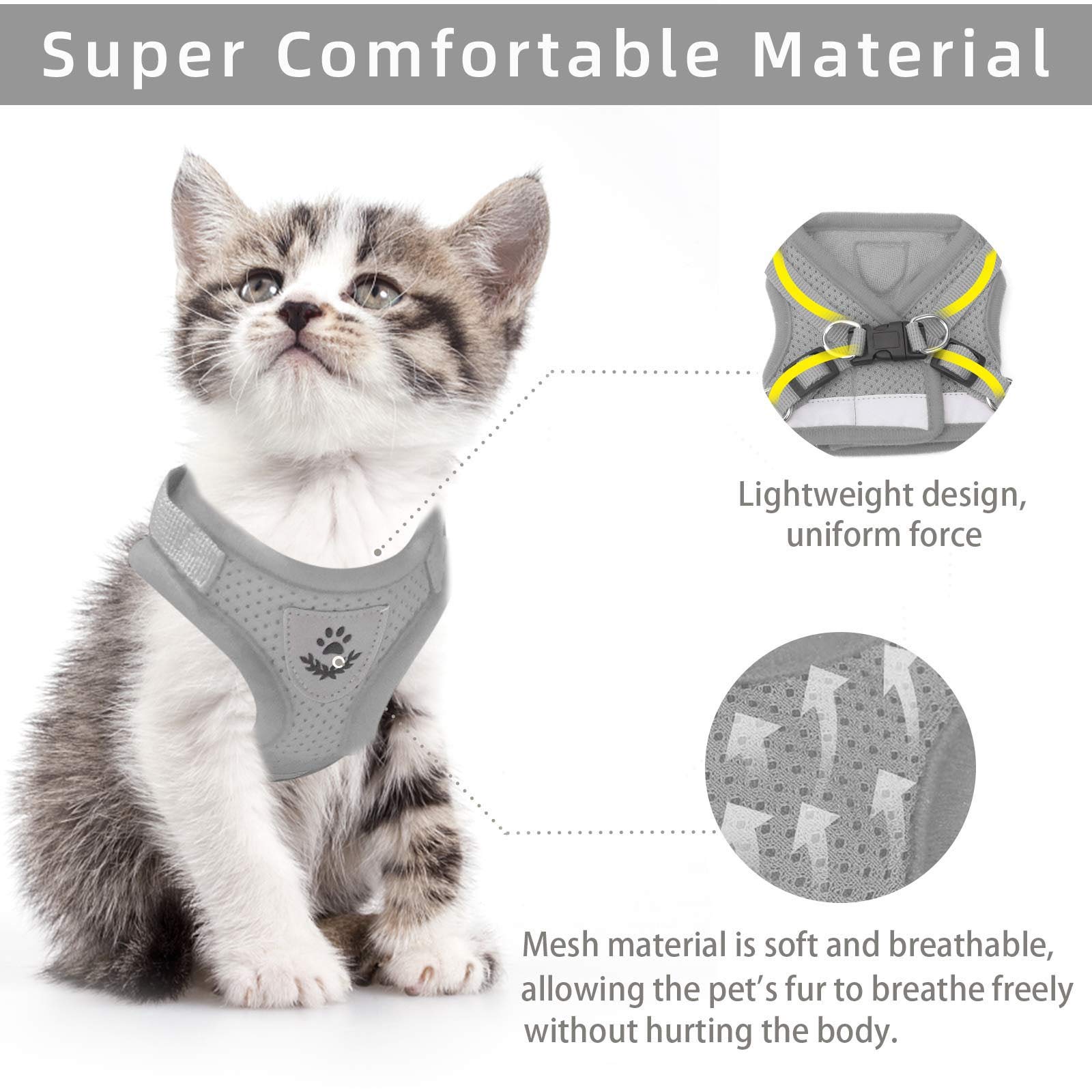 Harnais pour chat et petit chien - Harnais pour la marche, tous les temps - Gilet pour chat avec sangle réfléchissante - Harnais réglable pour petits chats (gris, S)