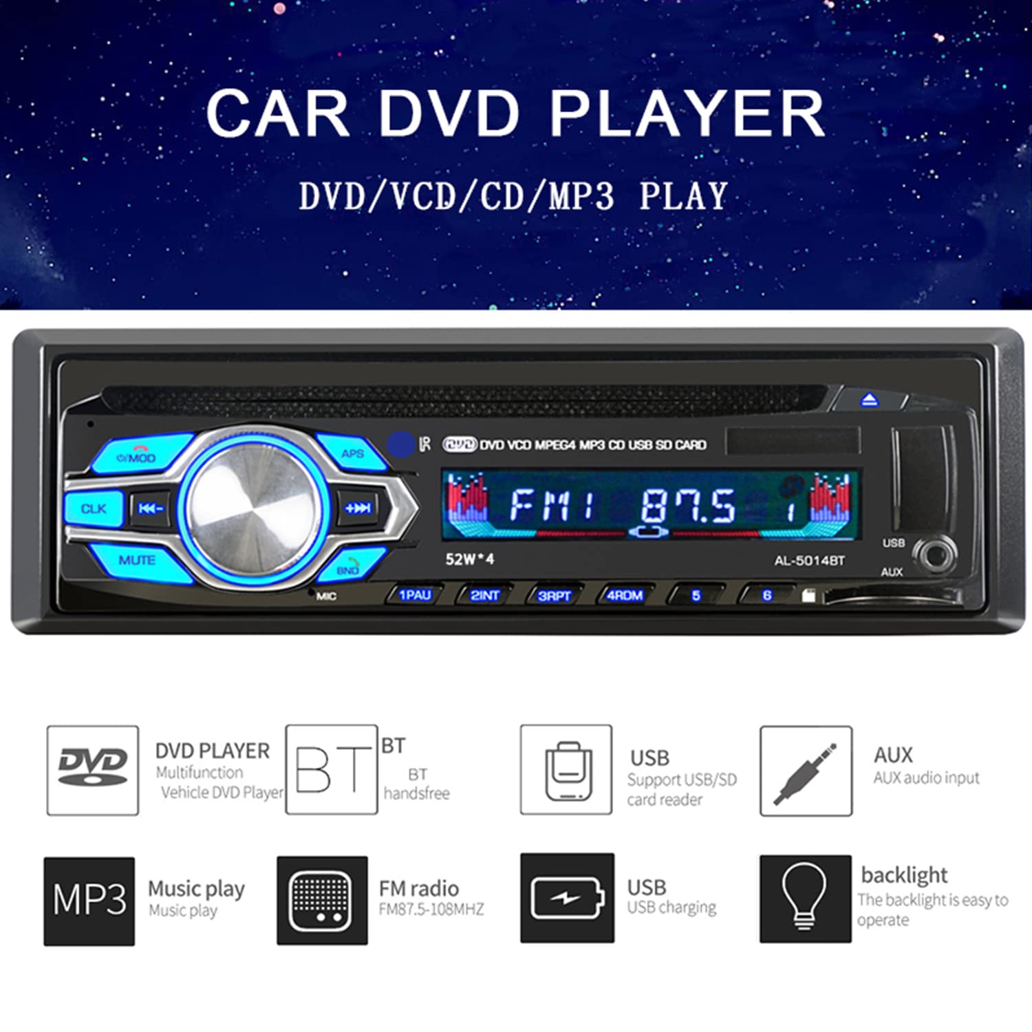 Reproductor de Radio para Coche MP3 1 DIN 12V estéreo para Coche con Bluetooth DVD CD Coche Manos Libres Autoradio BT Audio Radio con Mando a Distancia inalámbrico