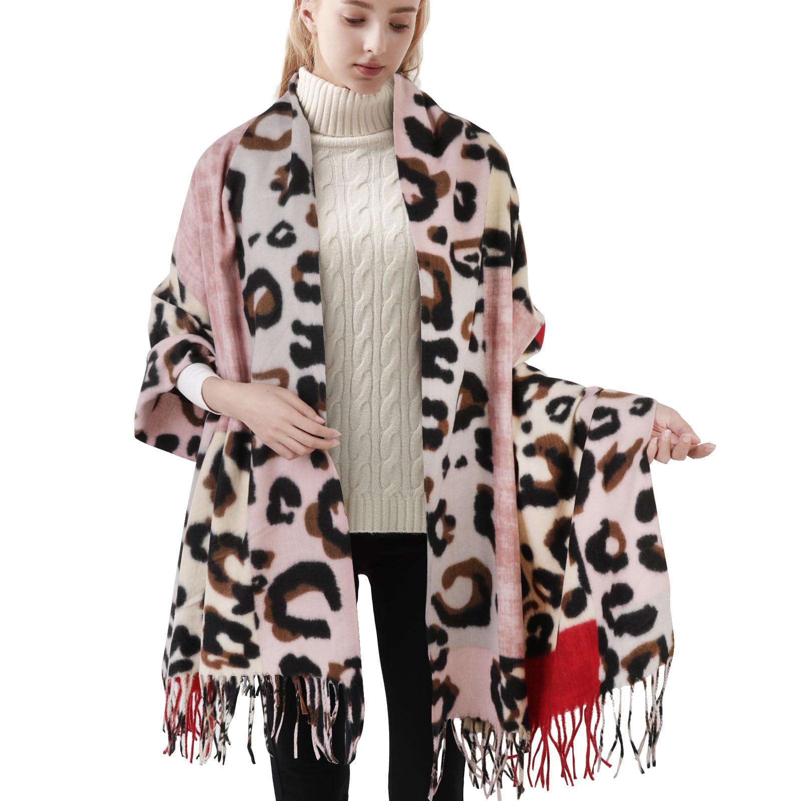 Soudittur Schal Damen Winter Leoparden Muster Pashmina Schals und Tücher mit Fransen Lange Winterschal Warmer Oversized XXL Schal