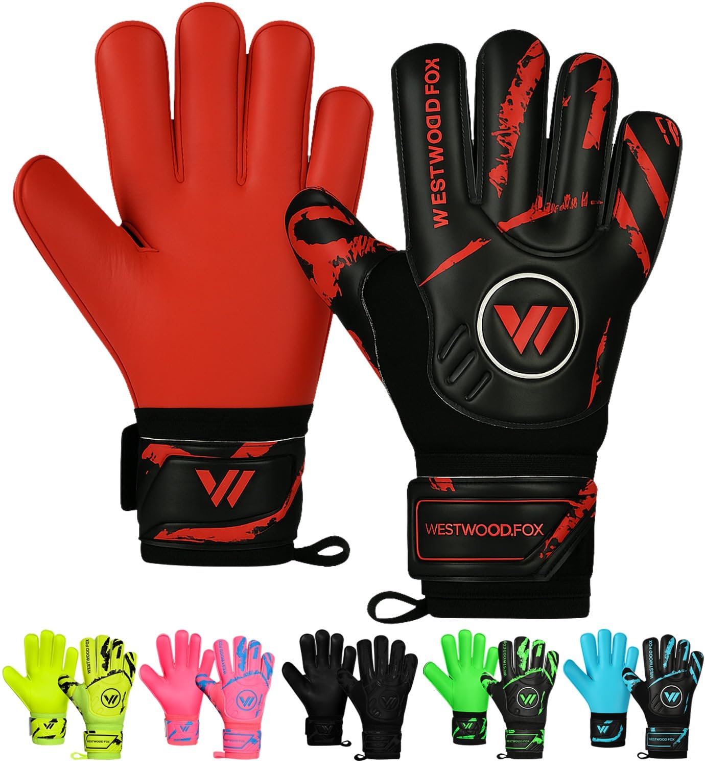 WESTWOOD FOX Goalkeeper Gloves,Finger Protection Soccer Goalie Gloves for Kids,Youth,Adults,Heavy Grip Palm with Dumbo latex 4+3 mm,Wrist Support (BLACK-RED, Size 4 suitable for 5 to 6 Years old) โ image 1