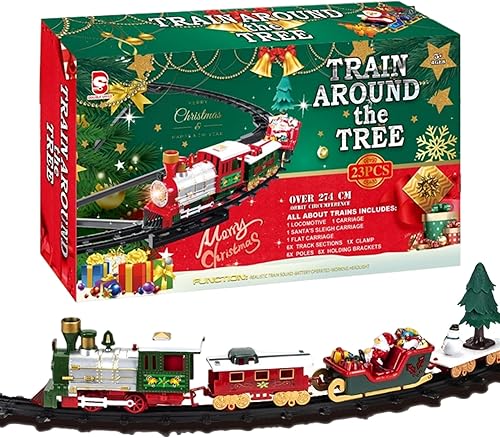 Juego de tren de árbol de Navidad con luz y sonido colgante de tren de Navidad con locomotora trineo de carro y pistas para niños árbol de regalos .-