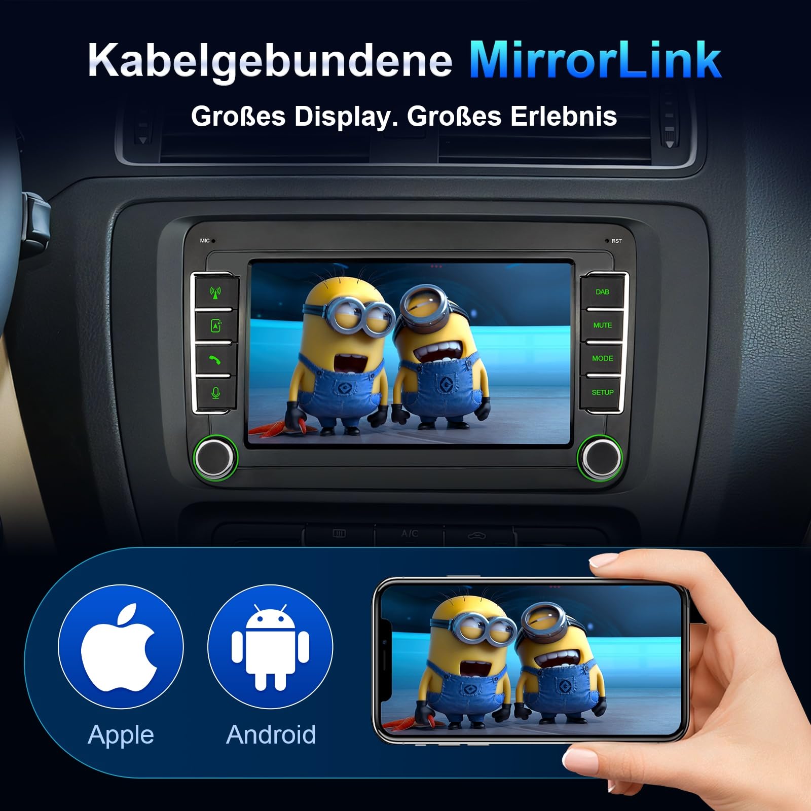 DAB Autoradio mit Bildschirm für VW Golf 5 6 T5 Polo 6R Caddy Skoda Tiguan Seat Passat, 7 Zoll Radio mit Apple CarPlay Wireless Android Auto Mirrorlink, Bluetooth, FM, Lenkradsteuerung, DAB+ 2Din