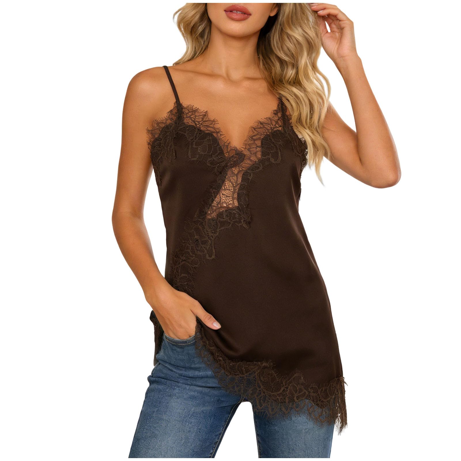 Camiseta sin mangas para mujer,Top de satén con encaje Y2K,elegante,con detalles de encaje y dobladillo asimétrico,camiseta de tirantes sedosa,estilo lencería,elegante,camisola para noche y fiesta