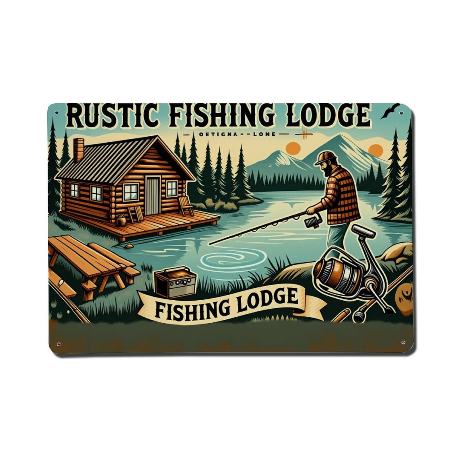 Rustic Fishing Lodge Wood Cabin Mountain Lake Angler Reel Tackle Tin Sign Vintage Metal Poster, Home Bar Garage Man Cave Cafe Indoor & Outdoor Wall Decoration 8x12Inches