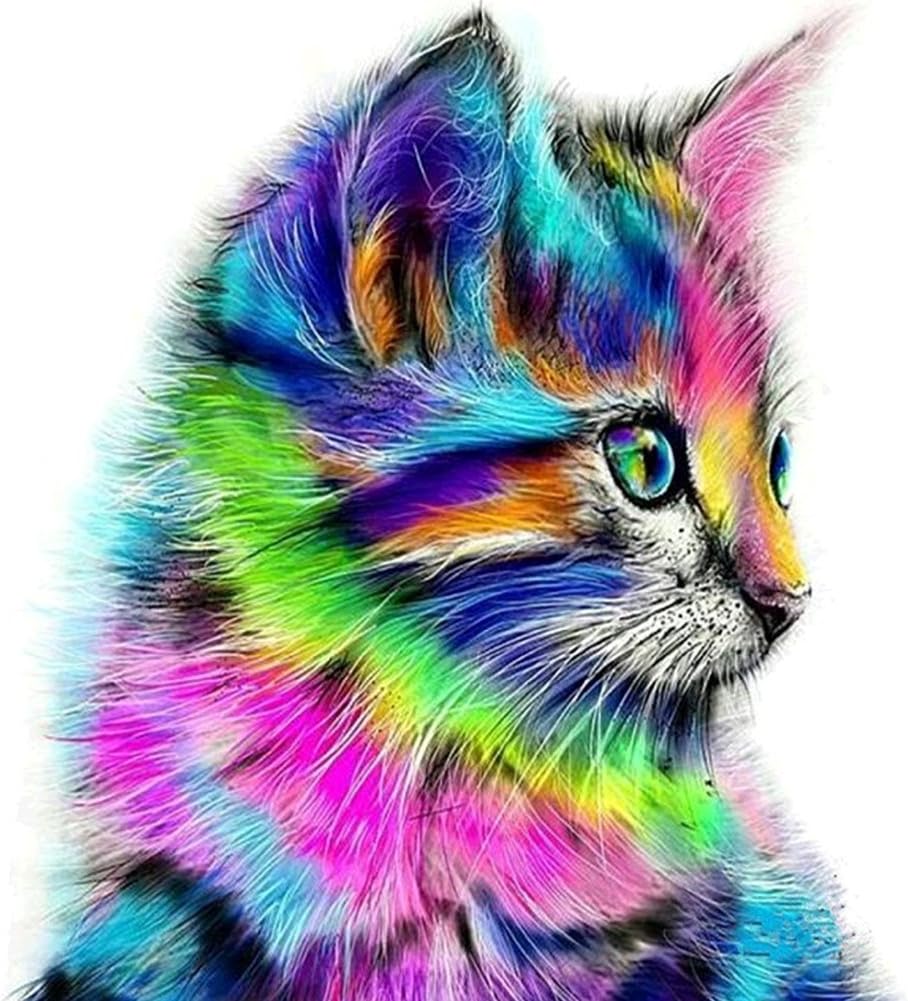 Whitelotous 5D Diamond Painting DIY Paint-by-Diamond Kit Craft Home Wall Decor - Colorful Cat 30 x 30 cm (Partial Drill)
