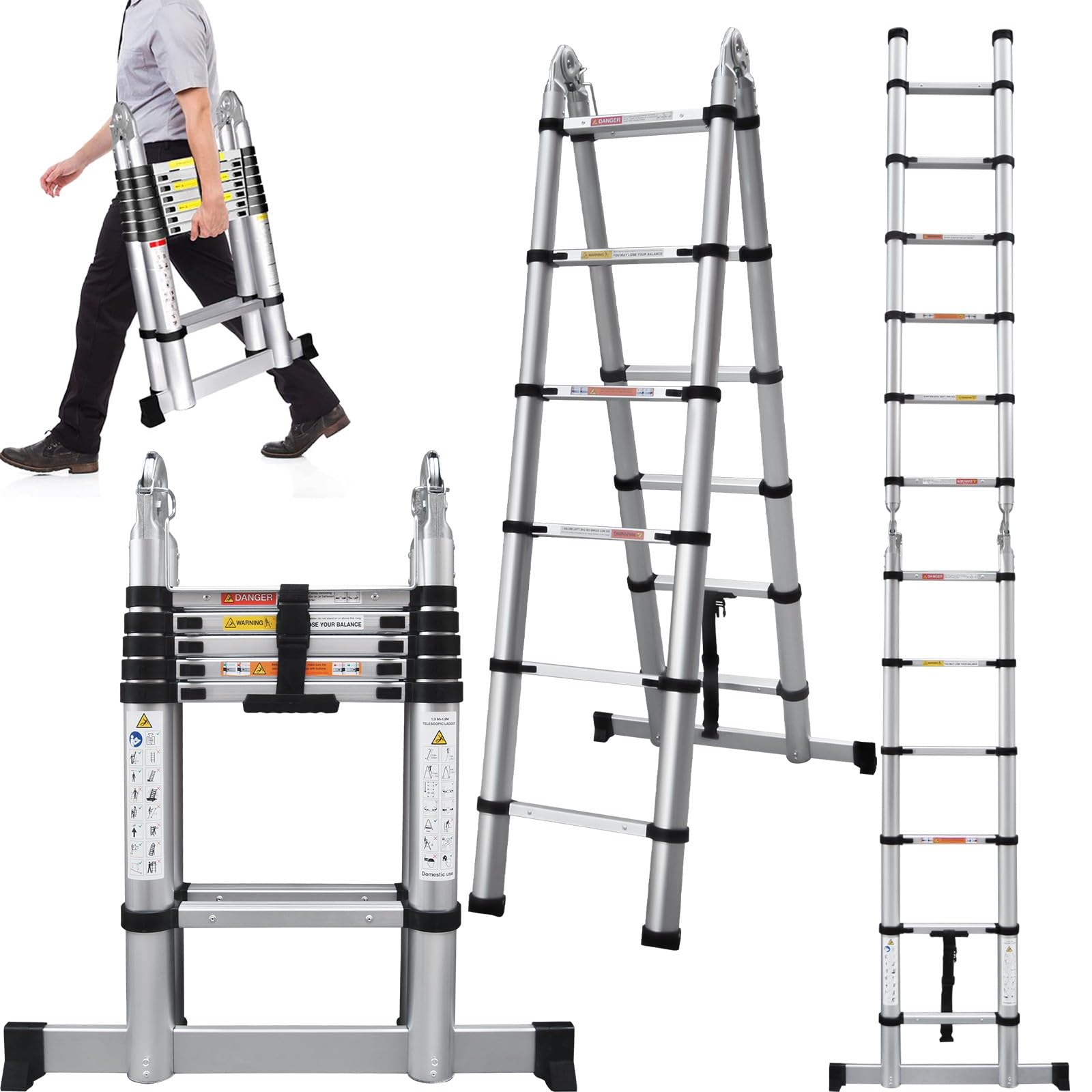 Telescopic A Frame Ladder 3.8M/12.5FT with Stabiliser, Aluminium Extension Folding Step Ladder, Multi Purpose A Frame Ladders Extendable Loft Ladder, Portable Collapsible Outdoor Roof Attic Ladder — image 1