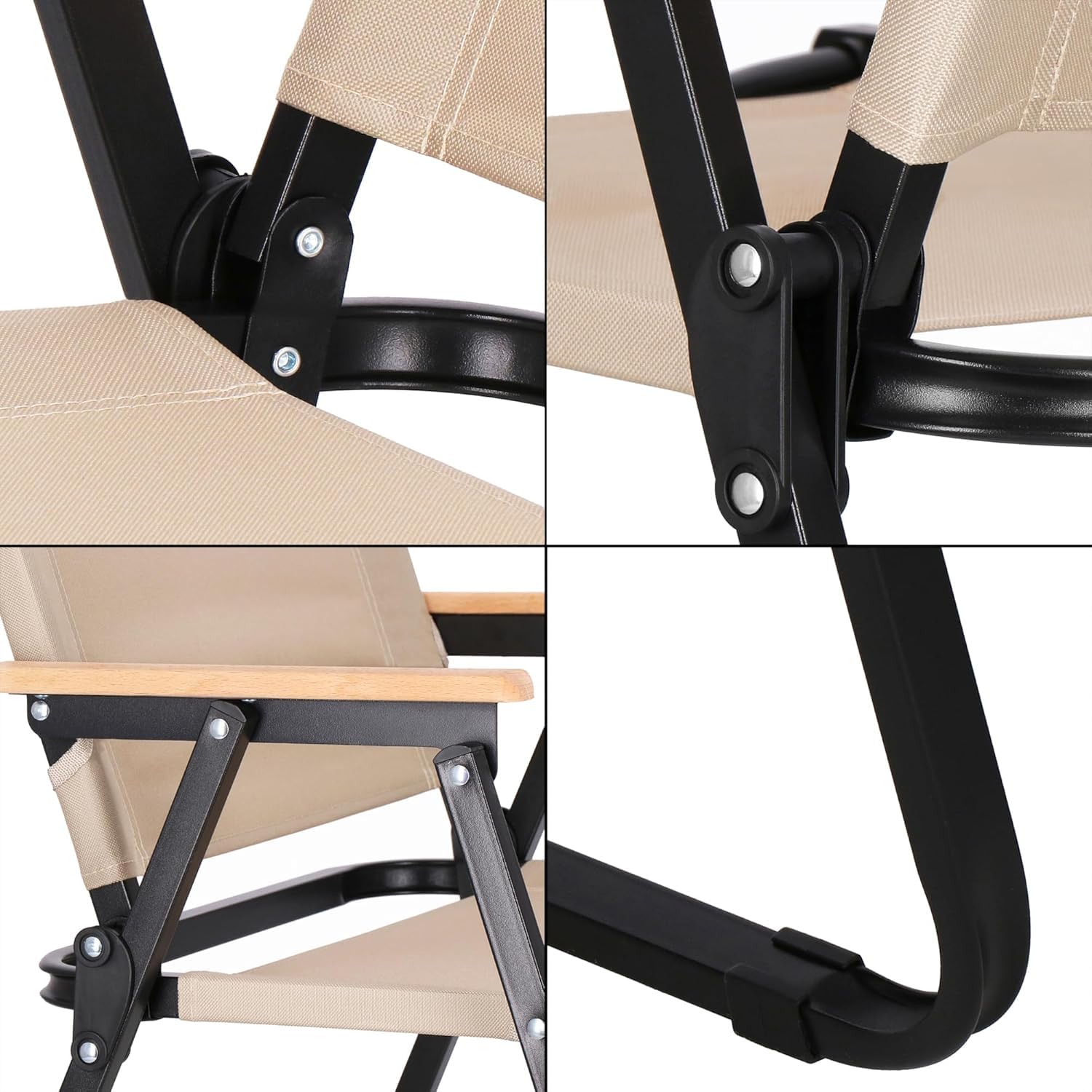 ORILEY Hacer Folding Chair Portable and Lightweight Carbon Steel Collapsible Backrest with Wooden Armrest for Outdoor Picnic Fishing Beach Travelling & Gardening (1 Pc, Beige) - Image 4 thumbnail