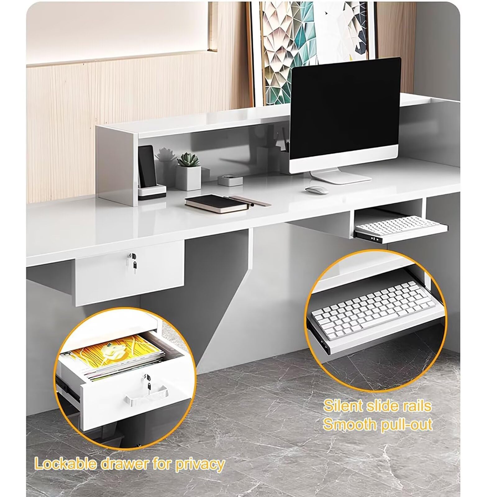 Modern Reception Desk with Lockable Drawers180.3 cm Wooden Entry Table for Beauty Salon & LobbyStylish Reception Table & Functional Design