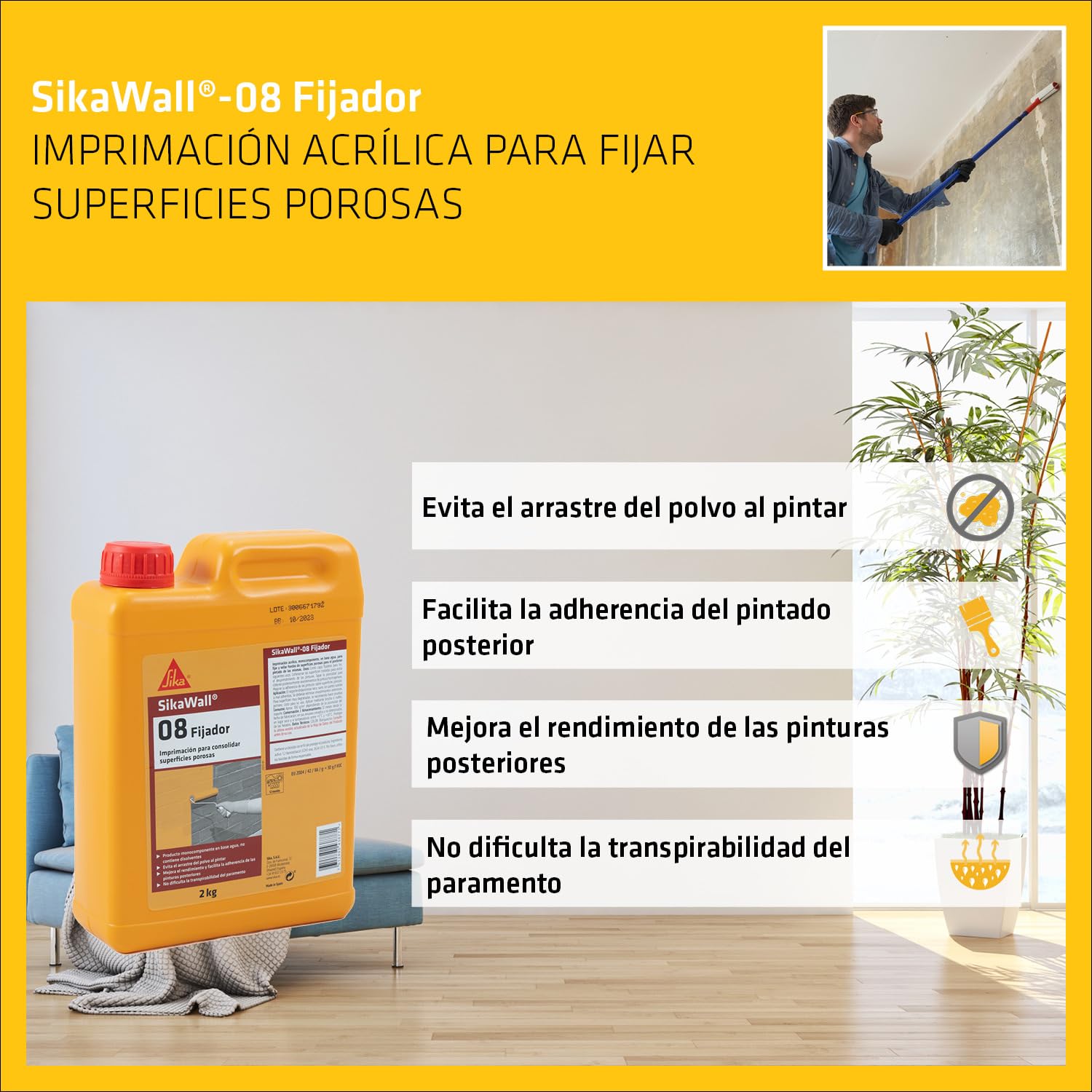 SIKA - Imprimación acrílica - SikaWall-08 Fijador - Blanco - Para fijar y sellar fondos de superficies porosas y mejor la adherencia de las pinturas - 2 kg — view 3