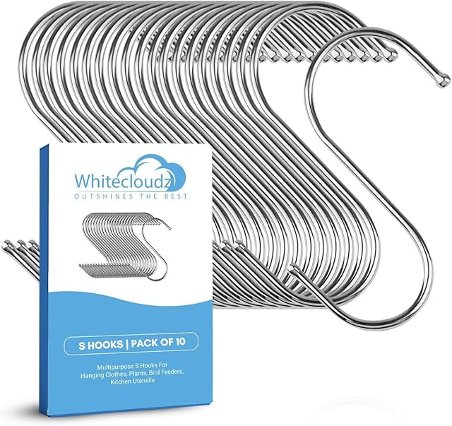S Hooks for Hanging Clothes, (10 Pack) Stainless Steel S Hooks Heavy Duty, Durable S Shaped Hanging Hooks, Kitchen Hooks for Utensils, Large S Hooks for Hanging Pots, 8.4 cm Multipurpose Metal Hooks