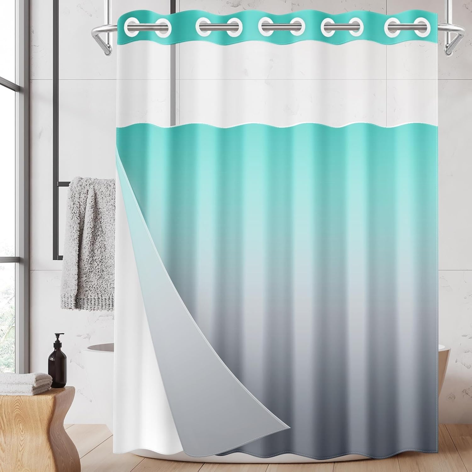 No Hook Ombre Teal and Grey Shower Curtain with Snap in Fabric Liner Set, Modern Design Double Layers Waterproof Fabric with See Through Top Window Open Grommet Bath Curtain 71x74 Inch