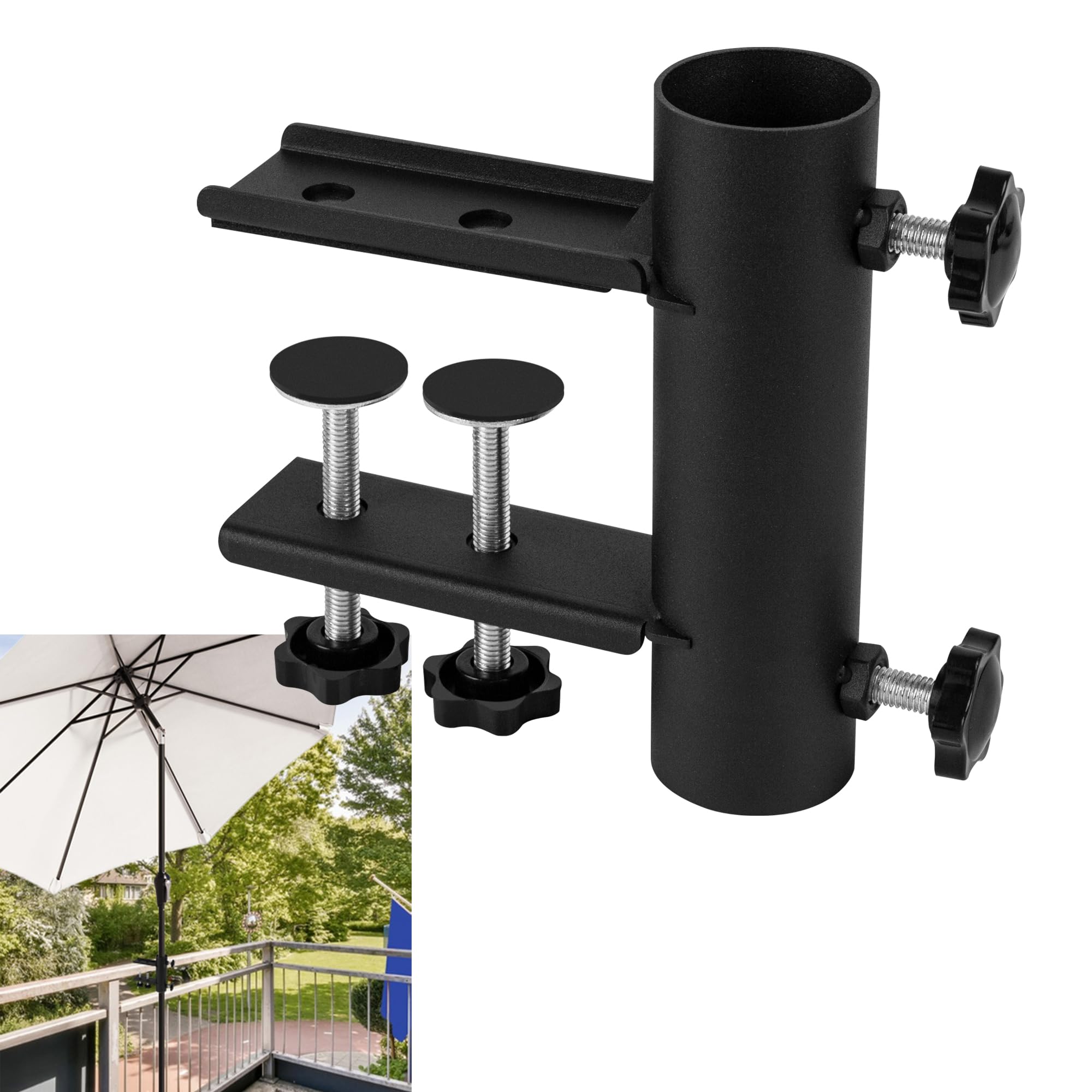 Yzzhaj Black Patio Umbrella Holder Clamp Outdoor, Adjustable Deck Parasol Mount Bracket, Umbrella Stand For Deck Railing
