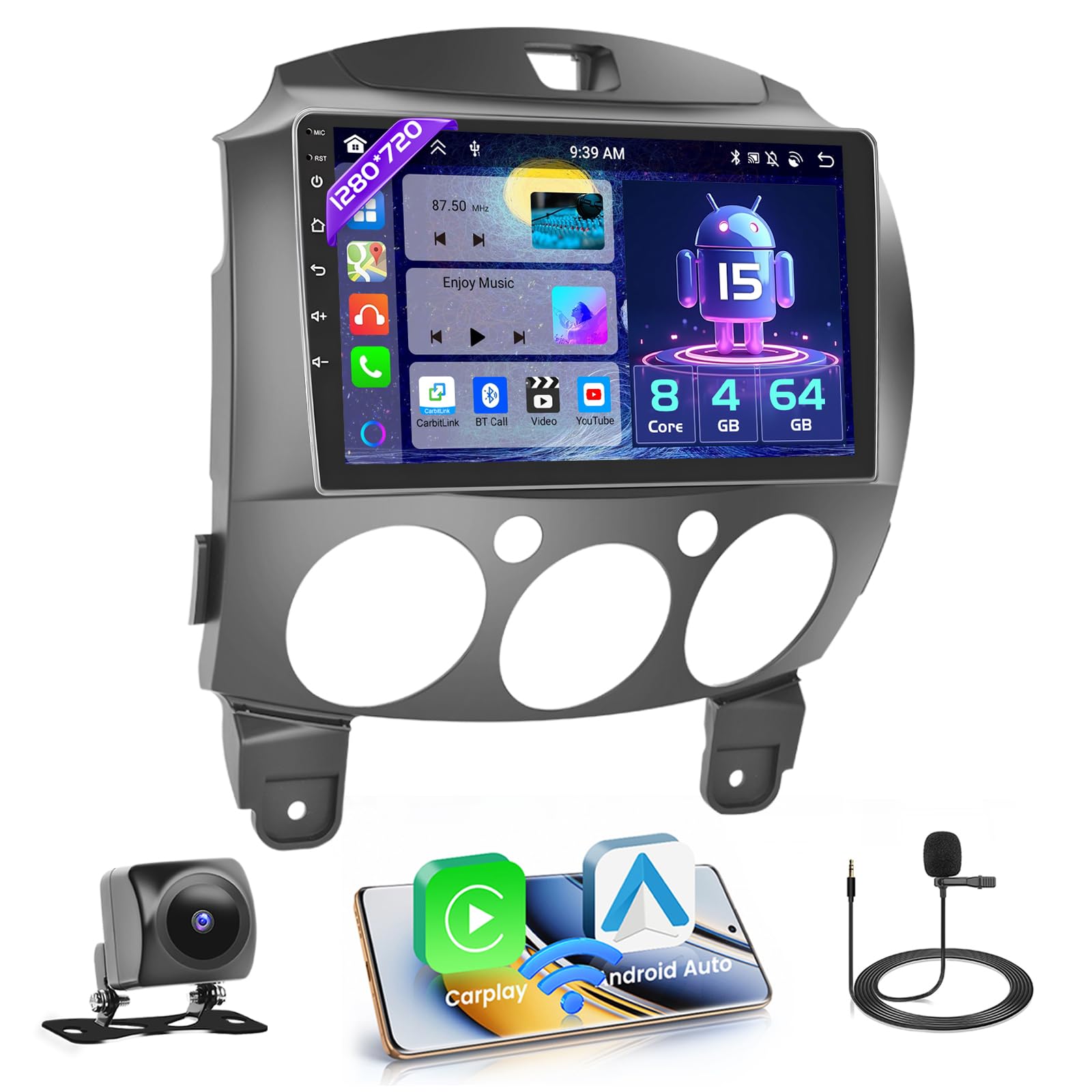 Hikity Autoradio Android 15 Qualcomm 8 Núcleos 4+64GB Para Mazda 2 2007-2014 | CarPlay/Android Auto Inalámbrico, Pantalla 9" IPS, DSP