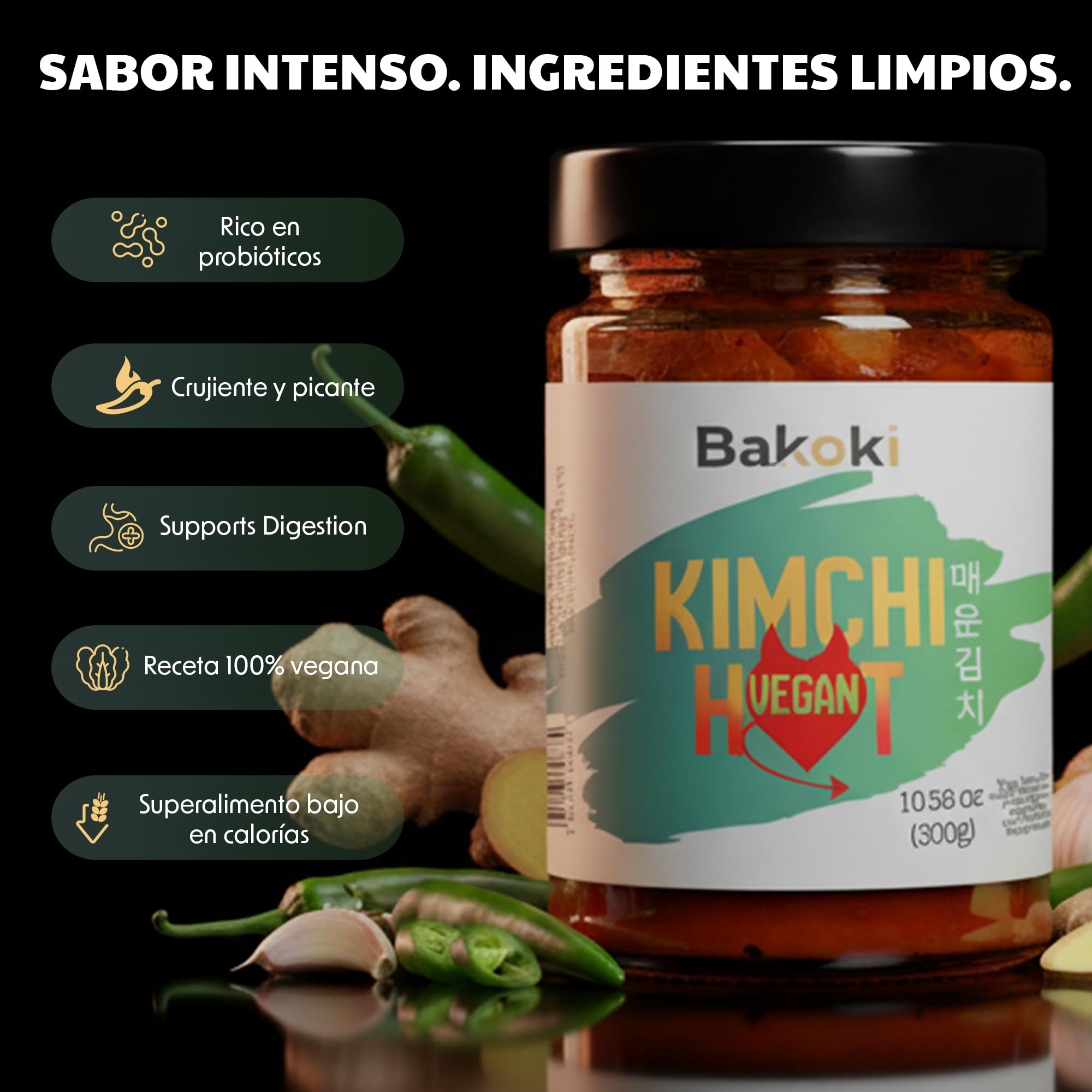 Bakoki Premium 매운 김치 Hot‑Kimchi VEGAN Gochugaru kimchi coreano picante repollo napa fermentado tradicional probiótico umami 2 x 300 g