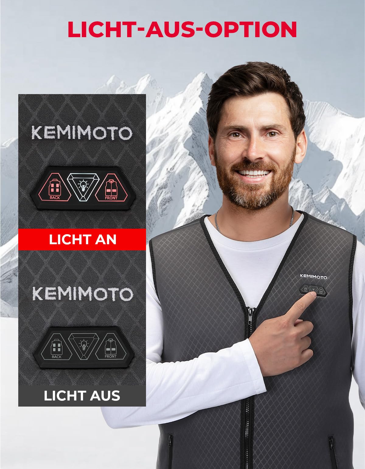 KEMIMOTO Beheizbare Weste Herren, Beheizte Weste mit 6 Heizzonen, 3 Einstellbare Wärmestufe, USB Eletriksche Heizweste für Skifahren, Angeln, Motorrad, Camping, Outdoor Ativitäten