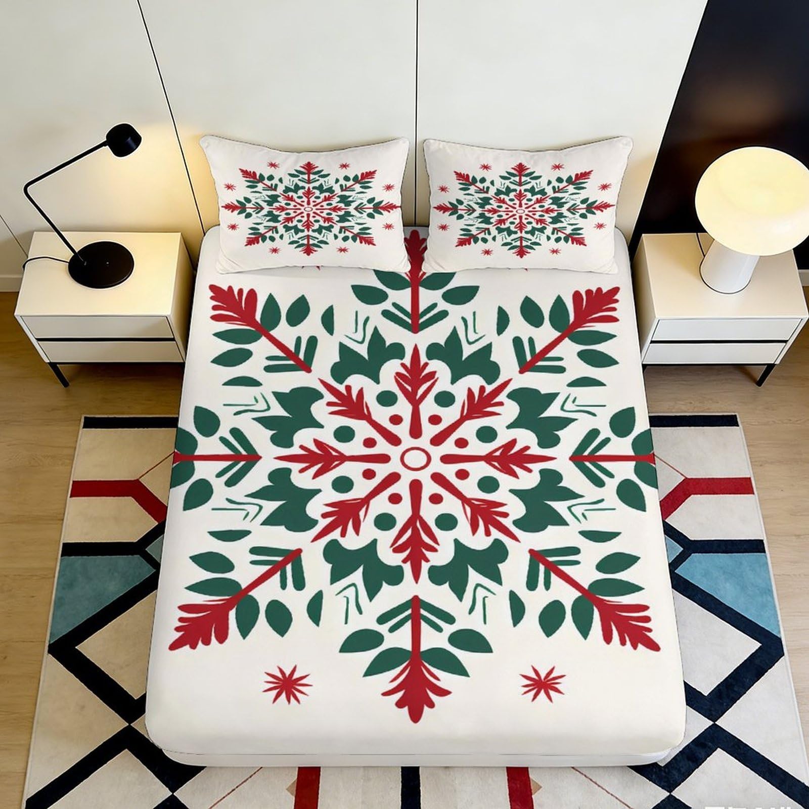 Pnayamiorkfel Style-3 3D Printed Christmas Snowflake Fitted Sheet Microfiber Red Green Mattress Cover For Bedroom Guest Room Decor 90X200x25cm