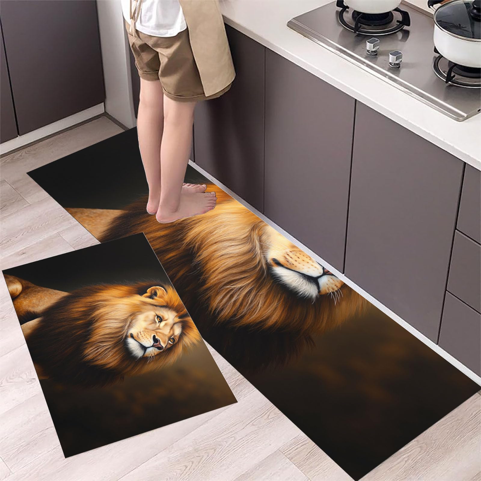 Tapis de cuisine peinture huile lion brun doré set imperméable haut de gamme 2 pièces