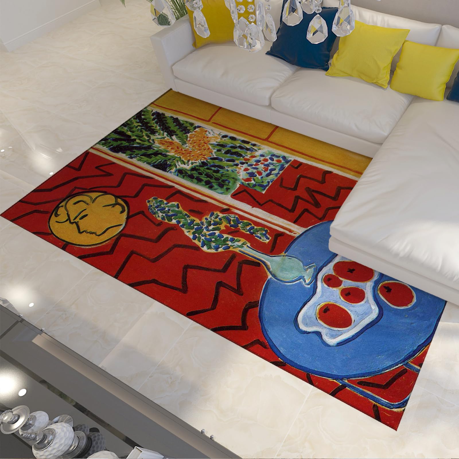 Tapis style Matisse prestige tapis déco rouge nature morte table bleue salon 90x120