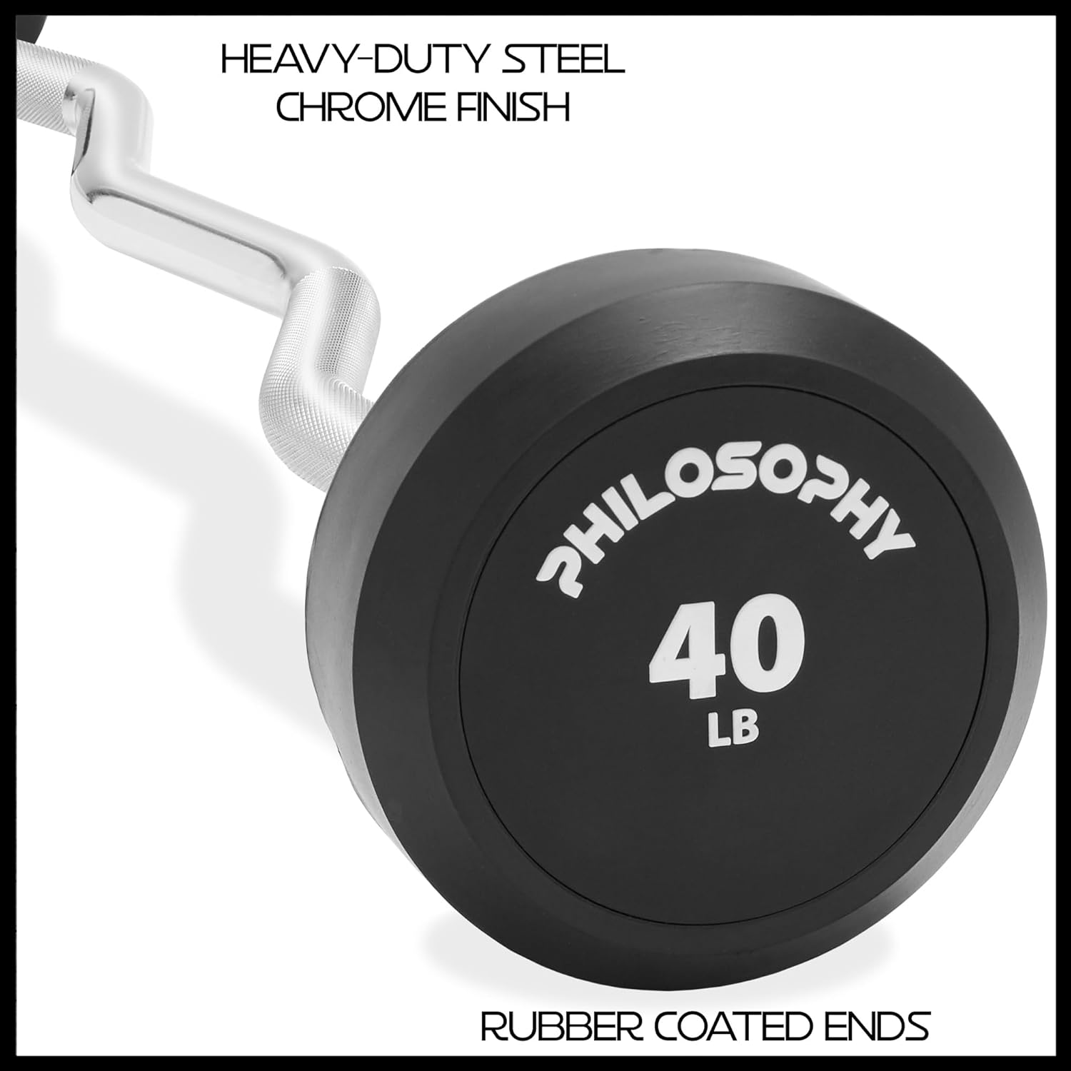 Philosophy Gym Rubber Fixed Barbell, Pre-Loaded Weight EZ Curl Bar for Strength Training & Weightlifting