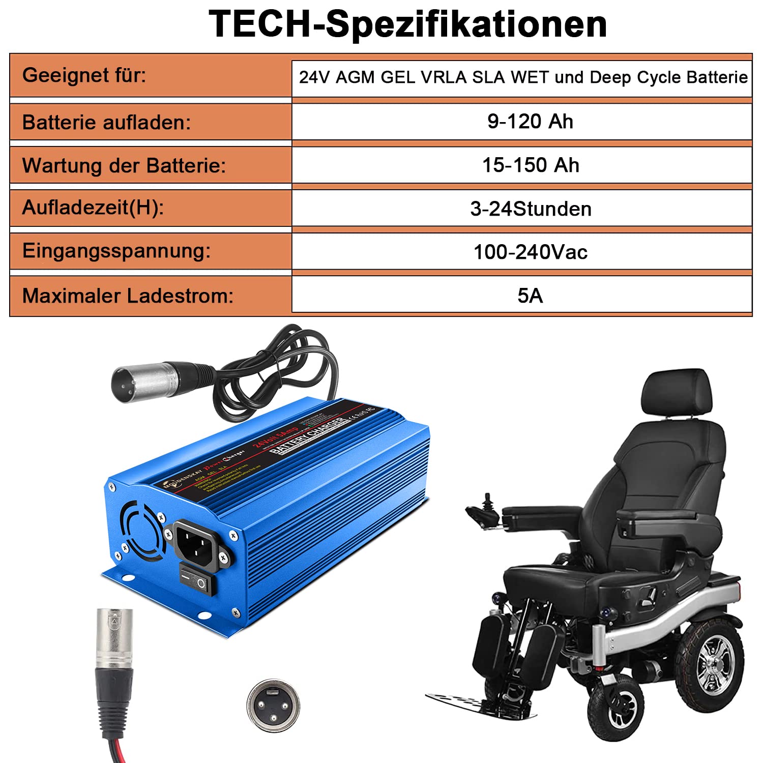 24V 5Amp Smart Automatic Battery Charger,24V Batterieladegerät Automotive Mit XLR-Anschluss für Roller Rollstuhl Auto Motorrad Erhaltungsladegerät Batteriehalter Mit dem Schalter