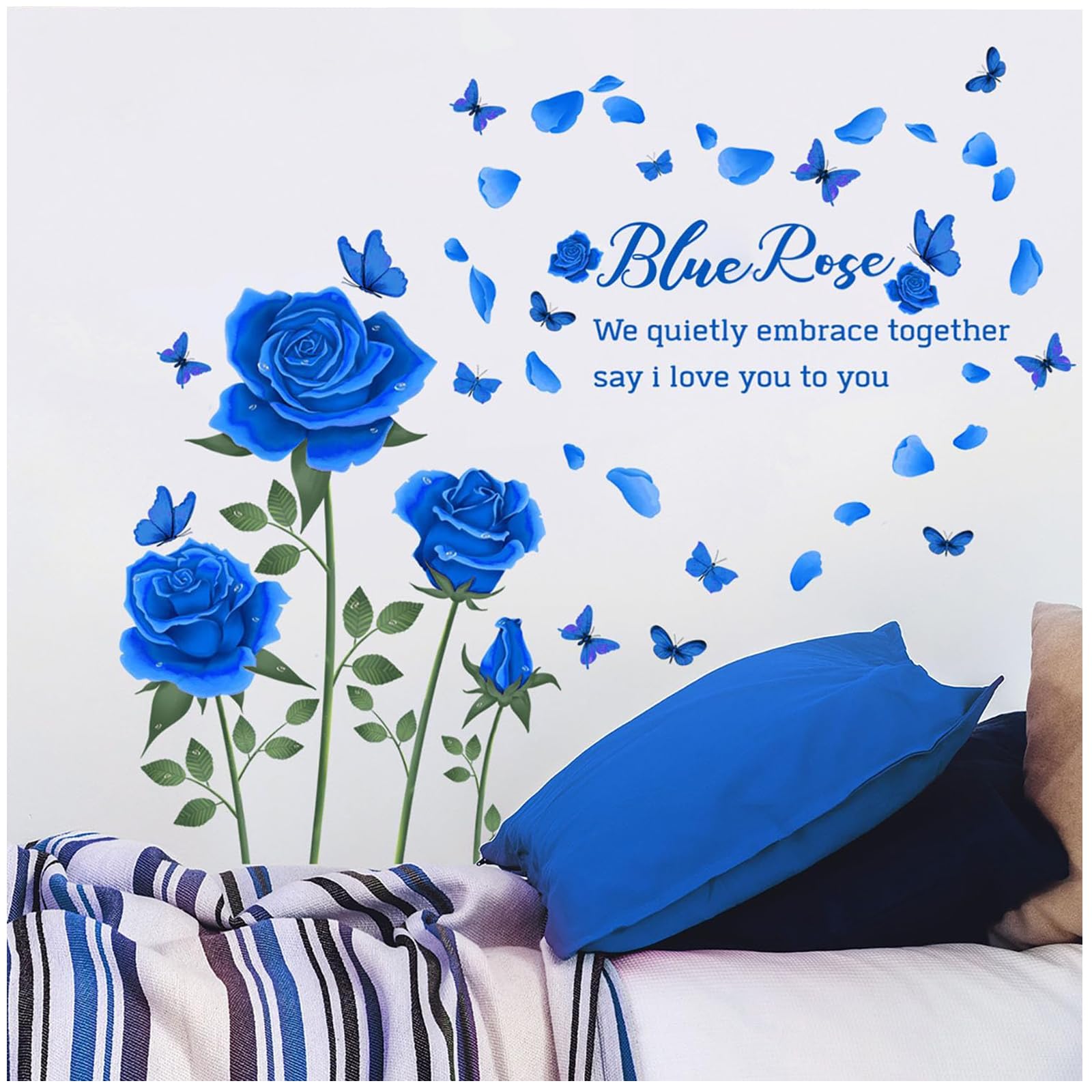 Magimural Women's Multi Blue Rose Wall Stickers With Butterflies & Petals, Peel And Stick Floral Wall Decal Diy Vinyl Mural Art, Blue Floral Rose Wall Decor For Bedroom Living Room Sofa Backdrop