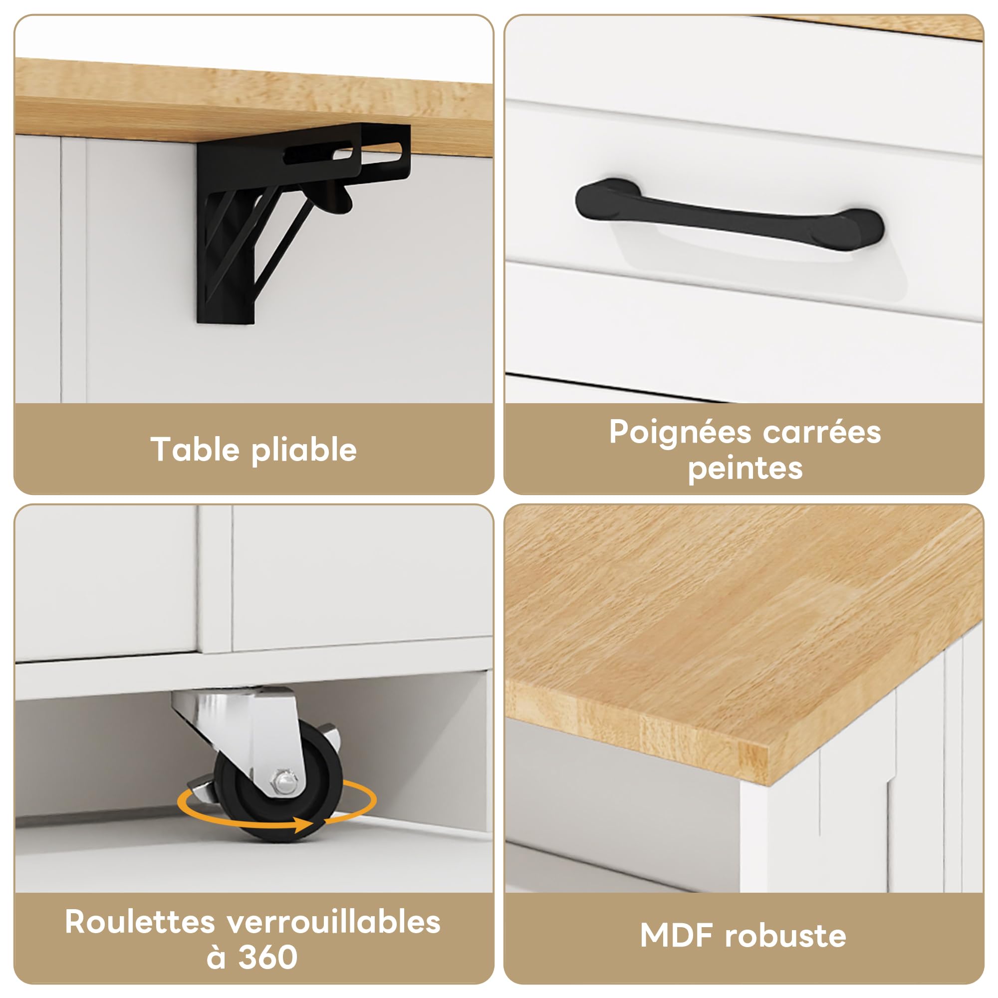 Îlot de Cuisine Moderne 120x40-60x92cm avec établi Pliable,Prise Secteur et Port USB,Buffet Cuisine avec tiroirs,Rangement Ouvert,Chariot de Salle à Manger,Buffet Salle a Manger,Blanc