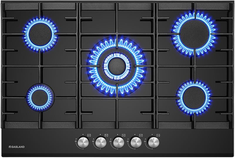 GASLAND GH2805BG1FC Placa de Cocina de Gas Butano Con Quemador Wok, 5 Fogones, Vidrio Negro, 76 cm, 10,4 KW