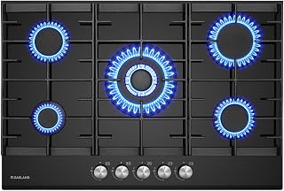 GASLAND GH2805BG1FC Placa de Cocina de Gas Butano Con Quemador Wok, 5 Fogones, Vidrio Negro, 76 cm, 10,4 KW