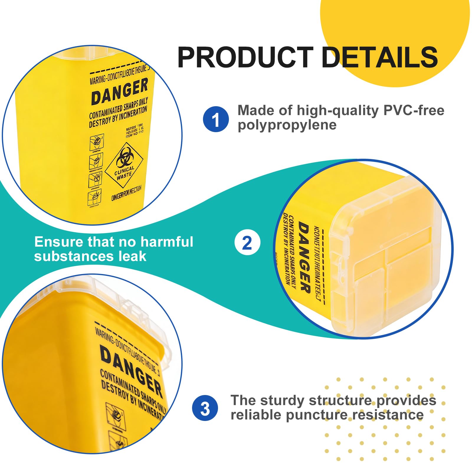 Lot de 5 conteneurs de vidange à canules : 1 L jaune conteneurs de déchets pour canules et seringues, multi-usages coupants, conteneurs de seringues pour les studios de tatouage, les salons de beauté