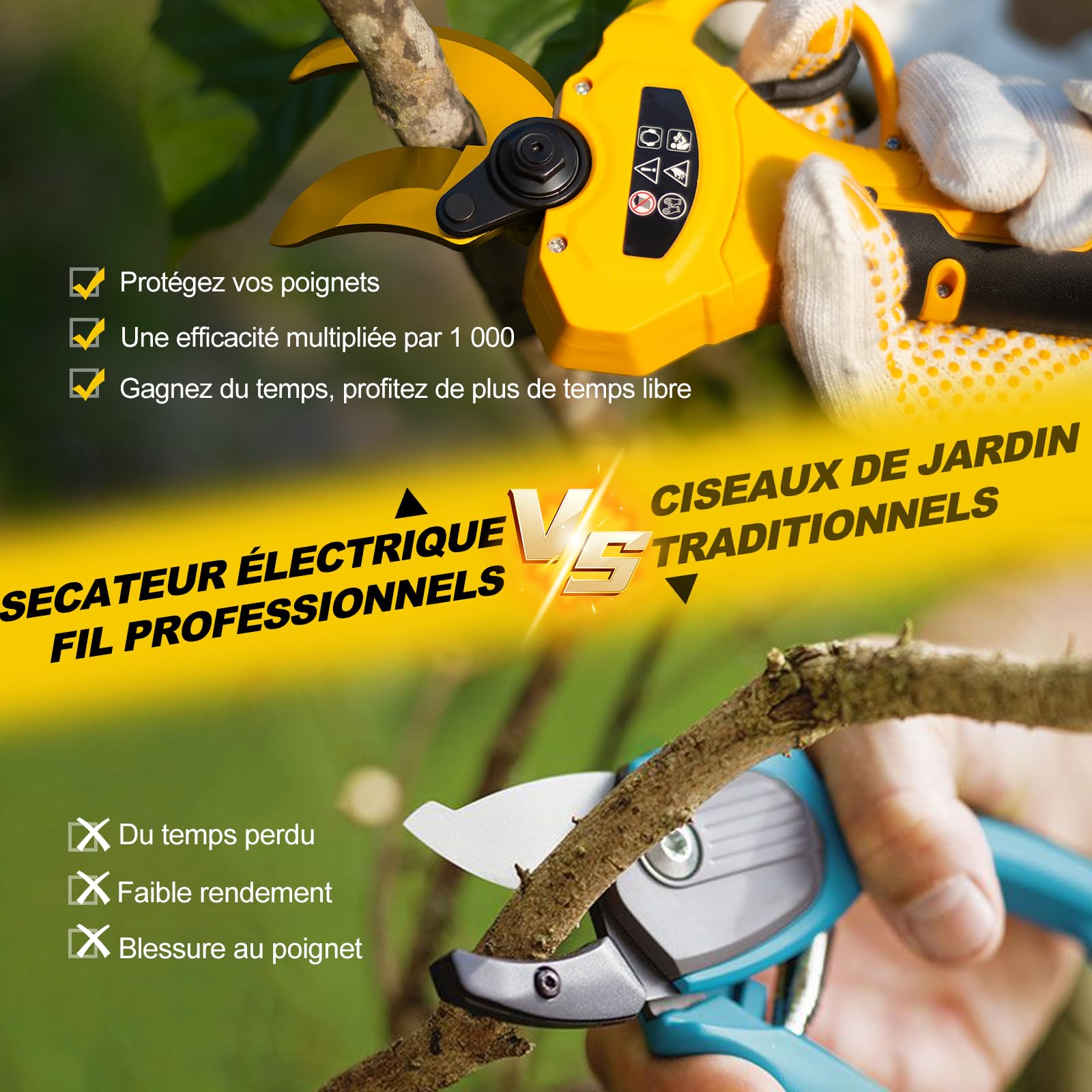 Secateur Electrique sans Fil 50mm, Secateur Electrique Batterie 2 * 2000 mAh, Sécateur électrique avec Écran avec pour la taille, les arbres fruitiers, le jardinage et le vignoble