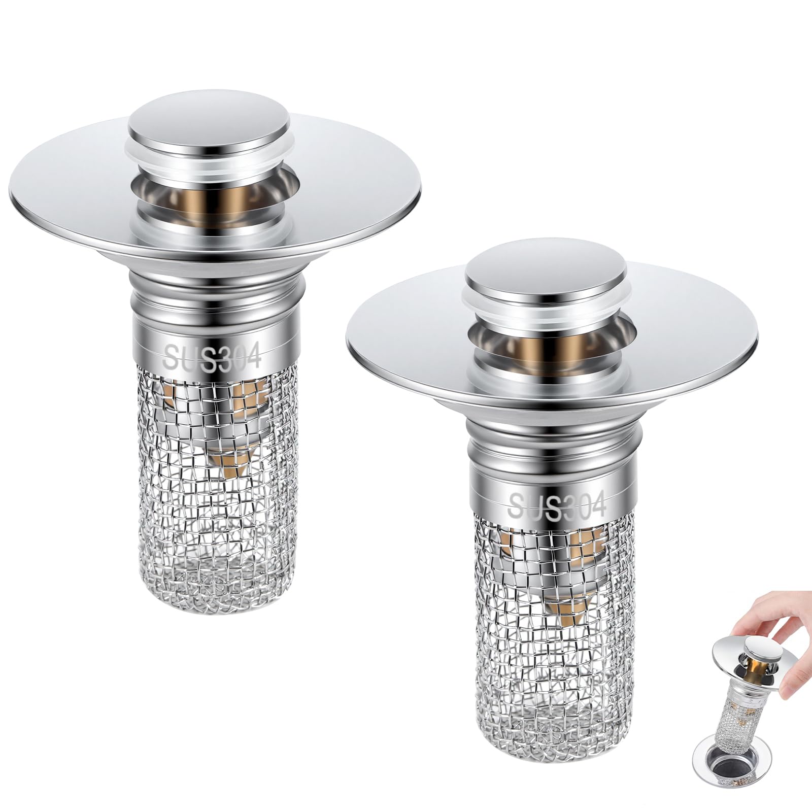 Photo 1 of Bathroom Sink Drain Strainer, Pop-up Sink Stopper Hair Catcher with Removable 304 Stainless Steel Strainer Basket Hair Catcher, Bathroom Sink Strainer for Bathroom Sink Stopper Replacement, 2 PCS