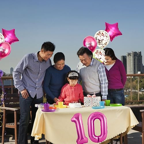 Miniatura 6 de Decoraciones de cumpleaños número 10 para niñas, banda y corona de dos dígitos con purpurina rosa intenso, globos de papel de aluminio de estrella