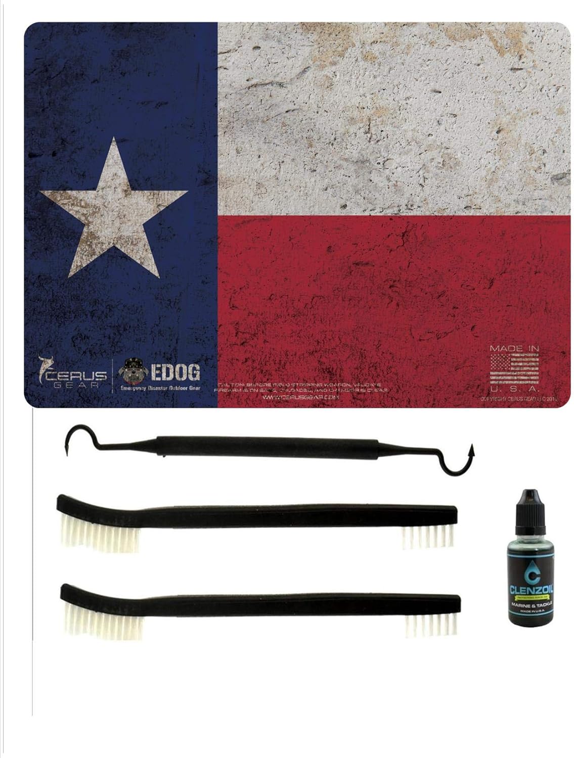 Texas State Flag 5 PC EDOG Cerus Gear Heavy Duty Pistol Cleaning 12x17 Padded Gun-Work Surface Protector Mat Solvent & Oil Resistant & 3 PC Cleaning Essentials & Clenzoil, Made in the USA