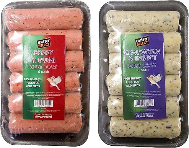 Extra Select Suet Logs Bundle 6 count each flavour | Insect & Mealworm and Berry & Bugs | High Energy Food for Wild Birds | 2 x 6 units Total of 12 Suet Logs