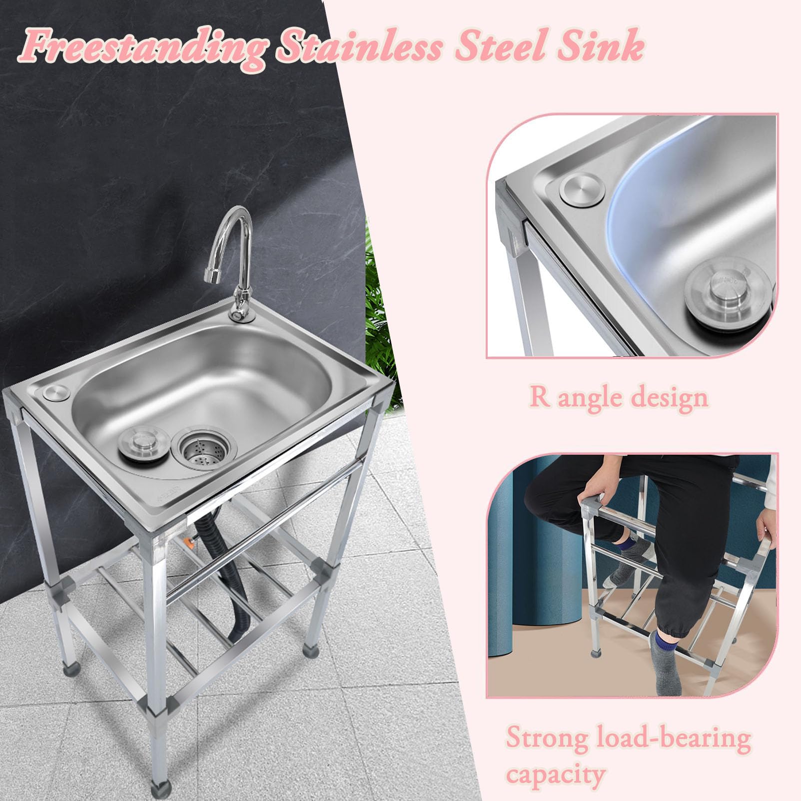 Évier Sur Pieds de Cuisine en Acier Inox 1 Bac Évier De Jardin Extérieur | Lavabo Multifonctionnel Commercial Utilitaire avec Robinet Pivotant,pour Garage,Blanchisserie