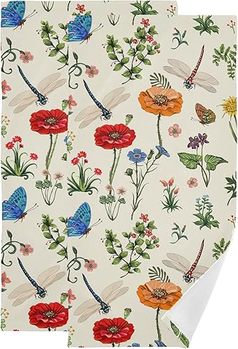 VIGTRO Paquete de 2 toallas de mano de baño de libélula de flores de primavera, ultra suaves y altamente absorbentes, toallas de cocina de amapola