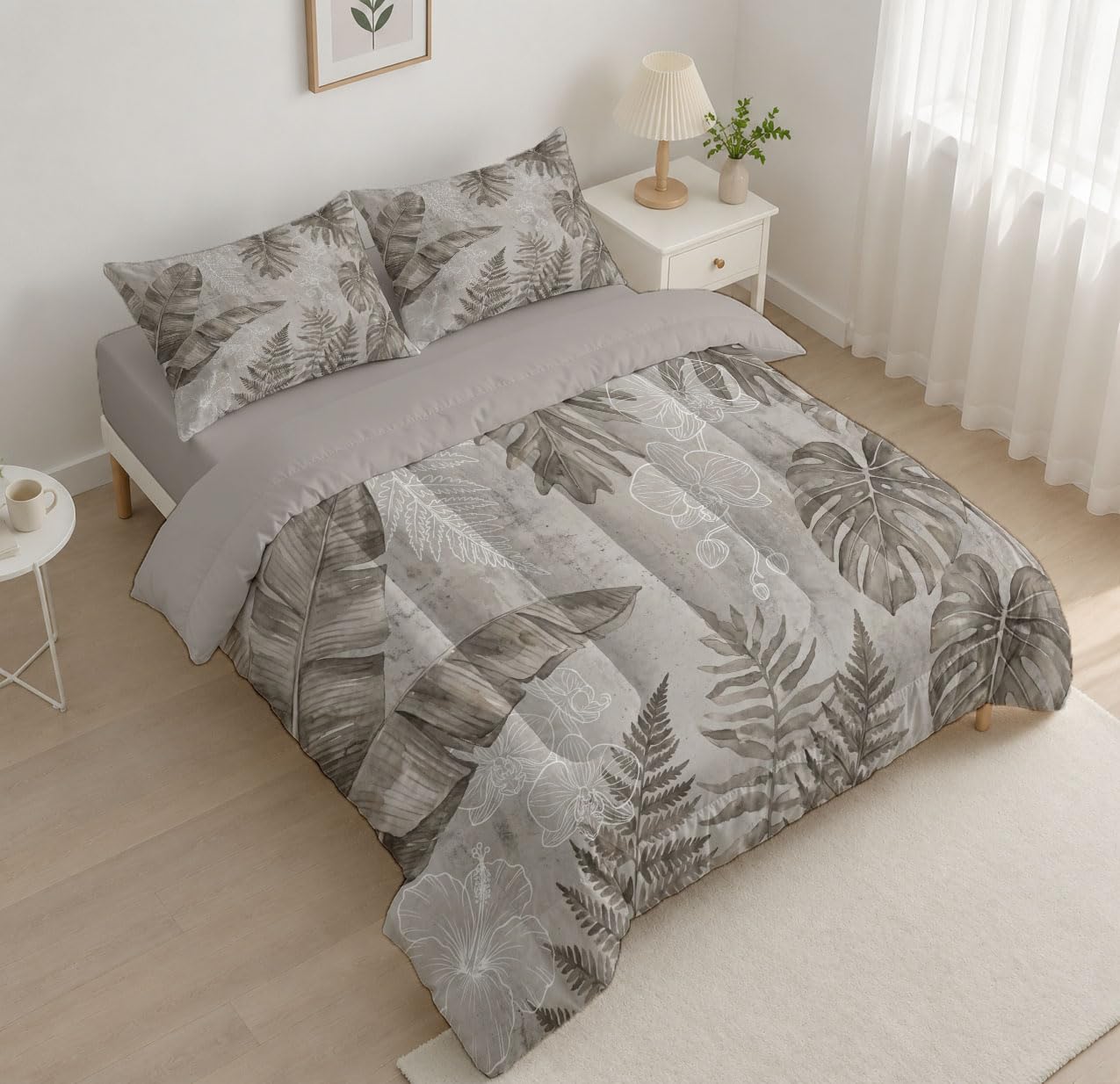 Trapunta Piante Tropicali Antiche, Piumino Singolo 4 Stagioni | 140X200 Cm Con Federa 50X80, Piumone Leggero In Microfibra, Trapunta Reversibile Semplice Graffiti A Forma Foglia Banano, Grigio