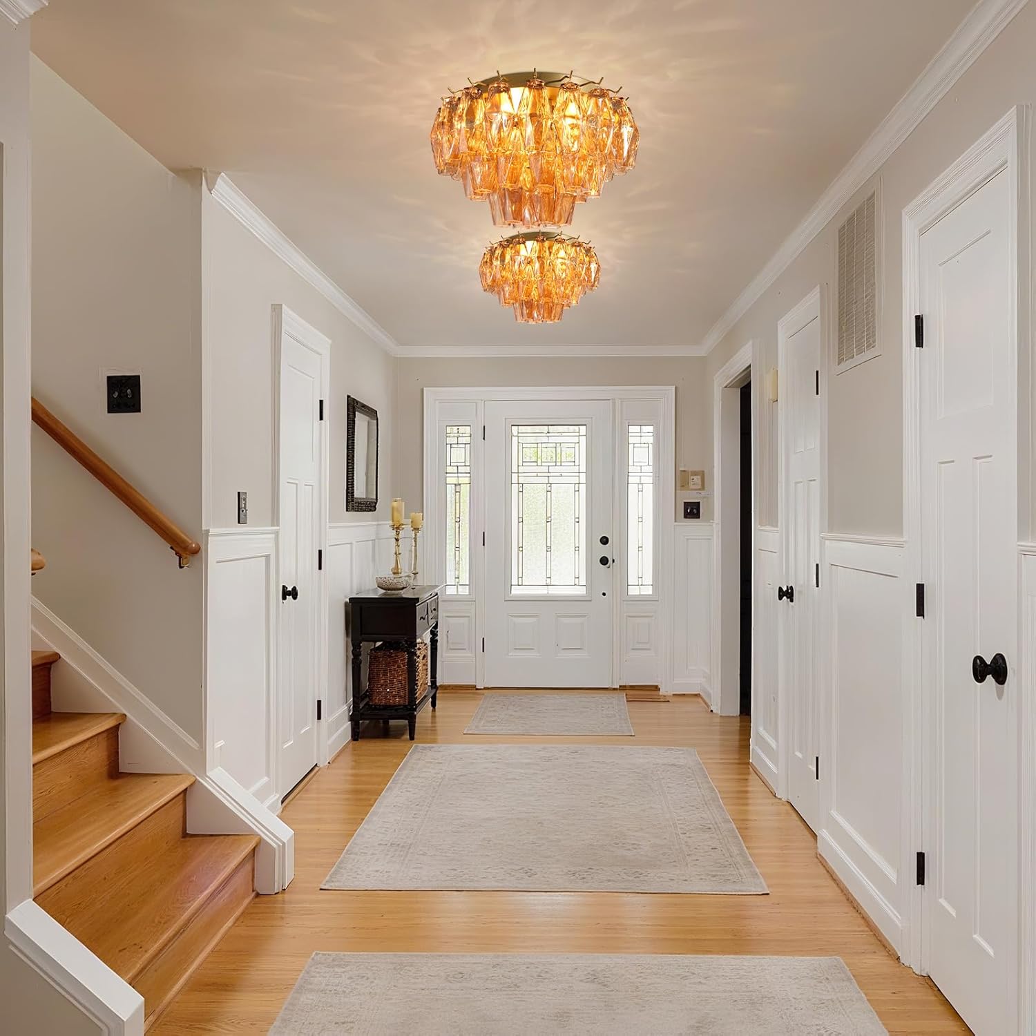 Amber Ceiling Light, 17" Modern Crystal Glass Chandelier for Bedroom, 3-Light Round Flush Mount Ceiling Ligh for Living Room, Bathroom, Hallway, Entryway – Elegant Warm Lighting