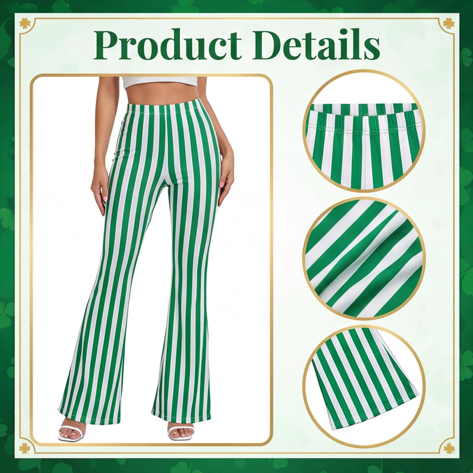 PANMAY Hippie Pants Fancy Dress 60s 70s Disco Outfit Trousers Green White Striped Flare Out Leggings Headband Glasses Necklace Earings Halloween Hippy Clothes - Image 4