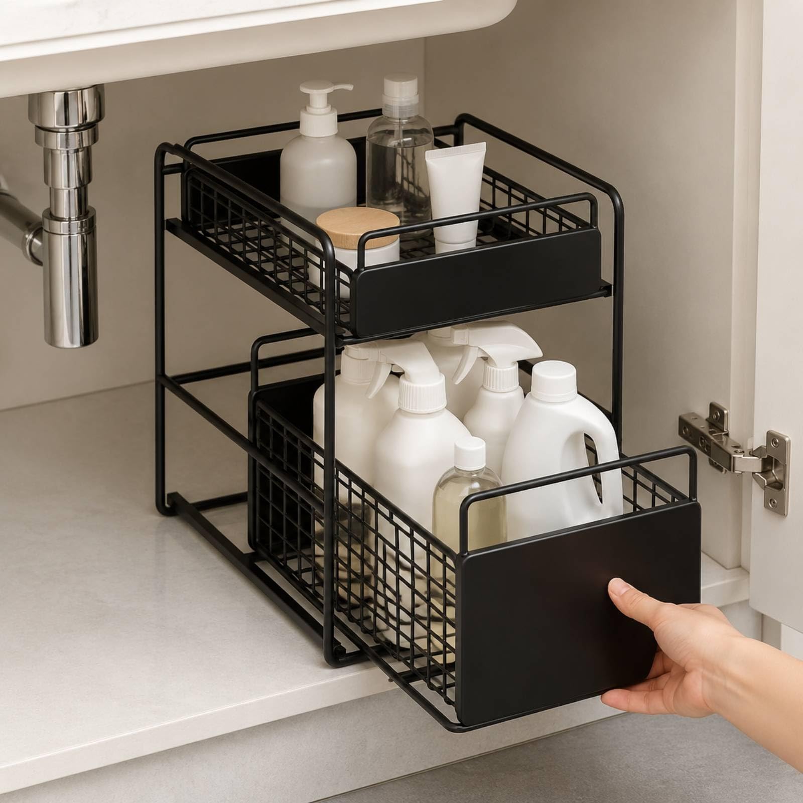 Étagère Coulissante à ux Niveaux en Fer pour Rangement Sous Évier Paniers Extractibles Parois Protection Adaptée à la Salle Bains à la Cuisine, Noir