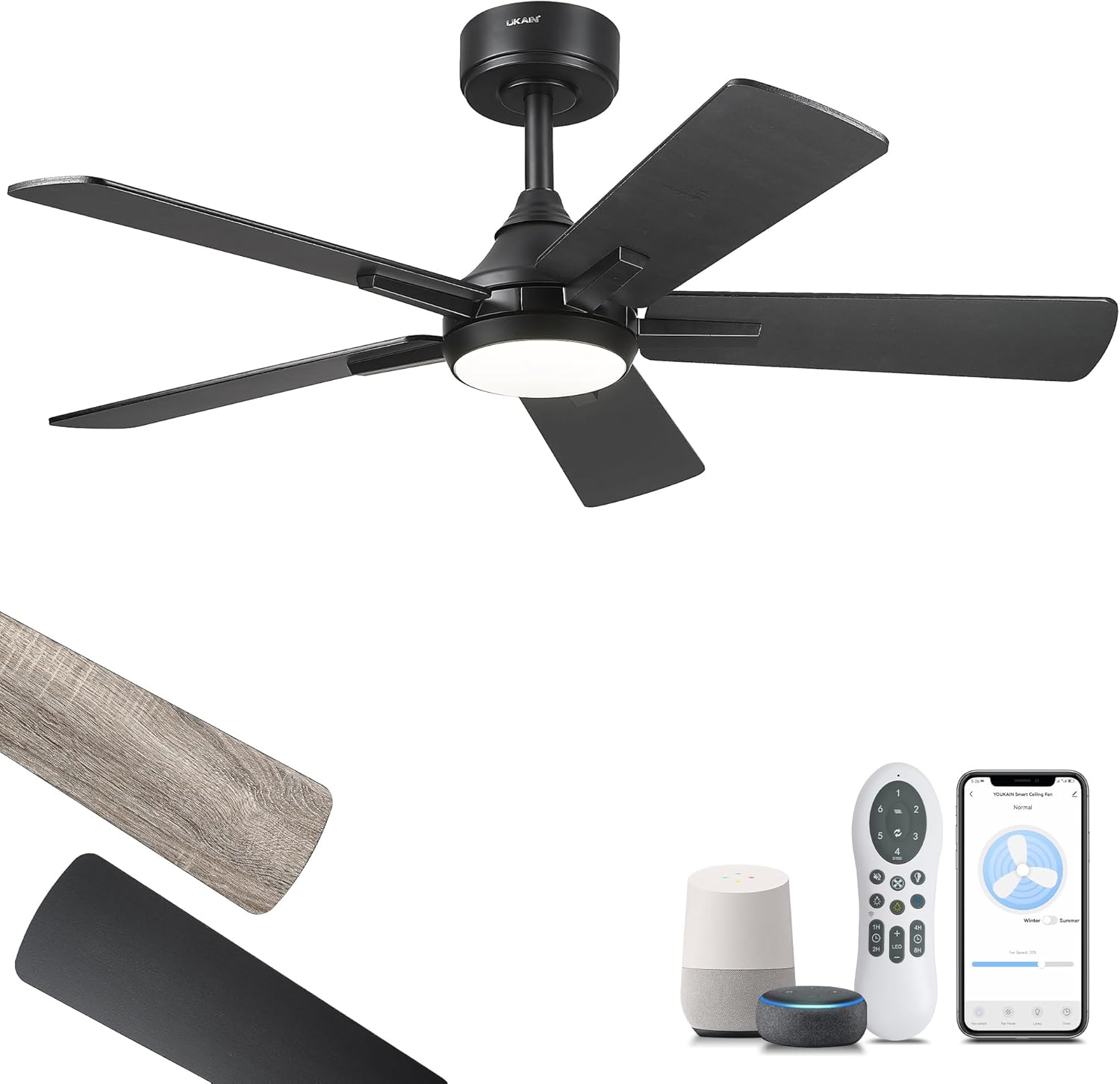 YOUKAIN Ceiling Fans with Lights, 42 Inch Black Ceiling Fan