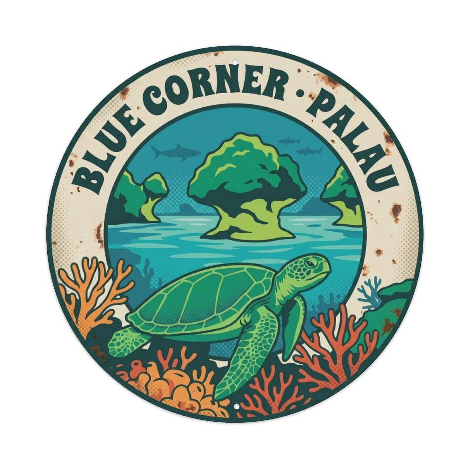 Olhnbad Style Palau Blue Corner Reef Travel Turtle Marine Wildlife Metal Tin Sign