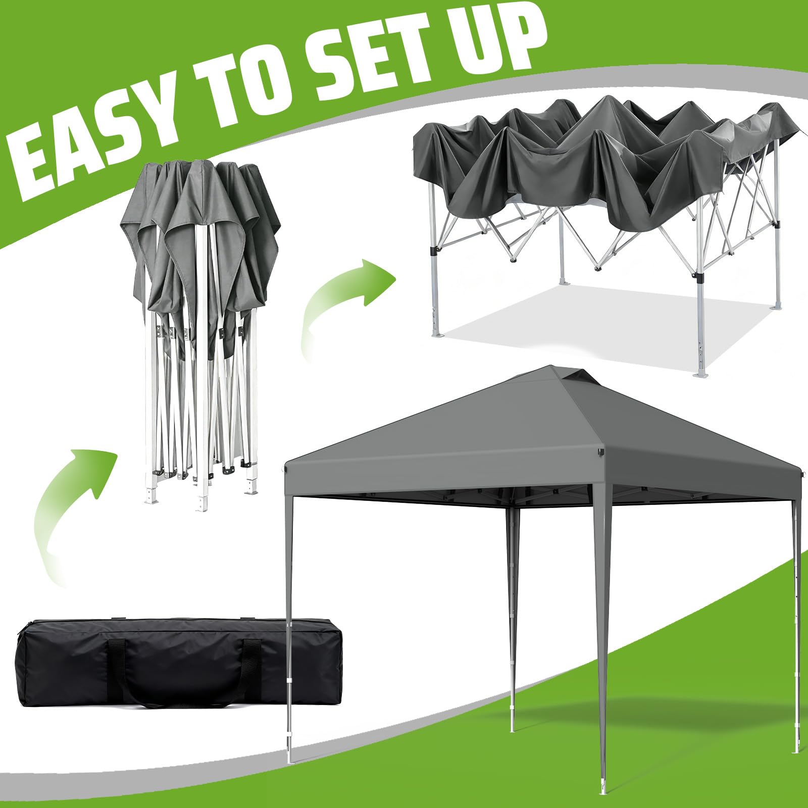 Tonnelle 3x3m Imperméable, Toile PU1500mm & Structure Acier - Tonnelle Pliante Hivernable avec Paroi Latérale & Réglage Hauteur One-Push - (INCL. 4X Sac de Sable & Accessoires,Gris argenté)