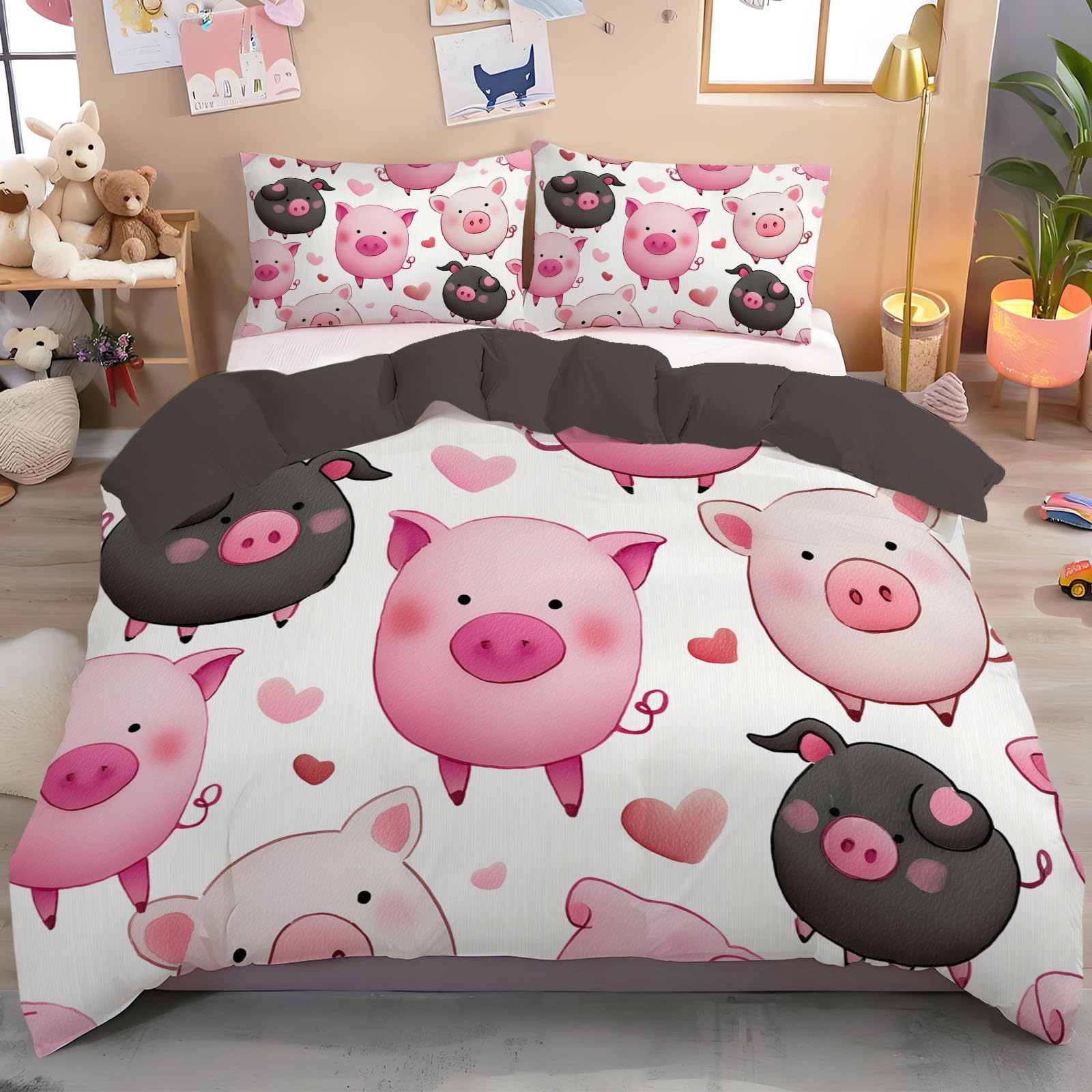 Dessin cœur cochon mignon sur parure de lit pour des nuits tendres