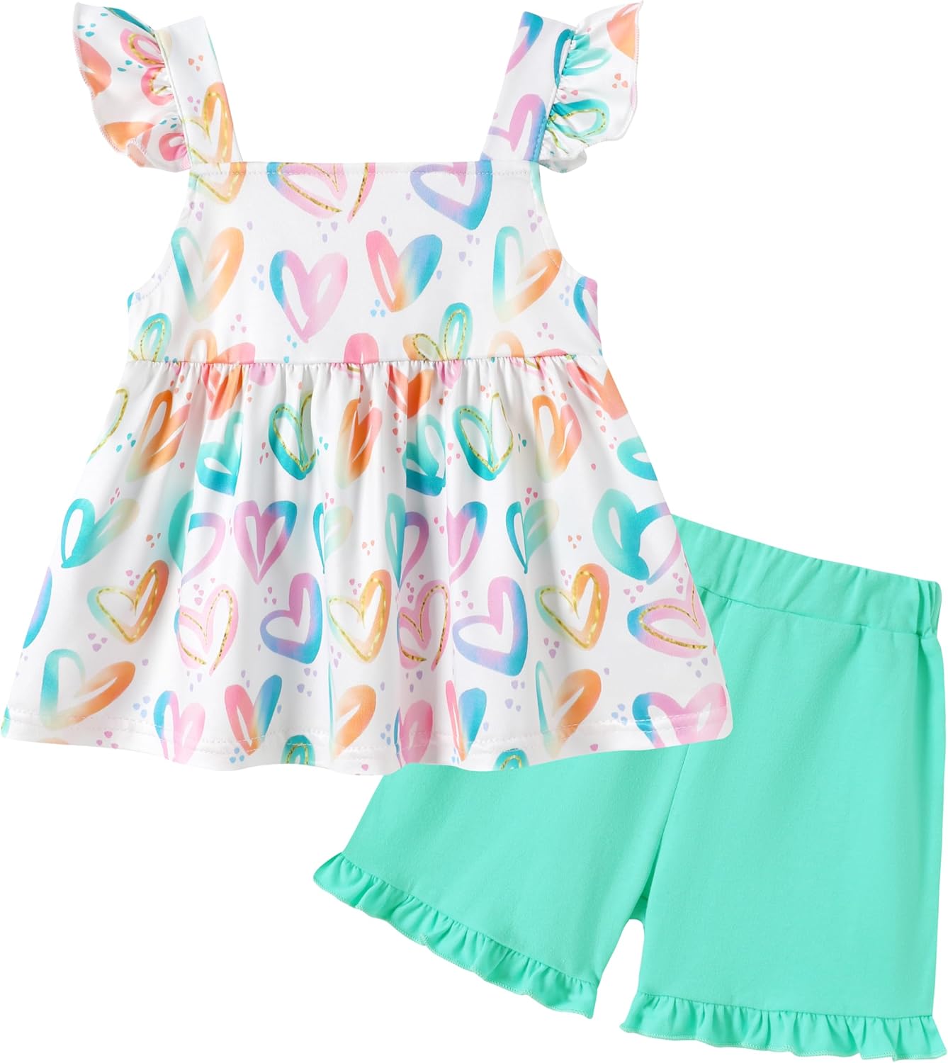 YUEMION Toddler Girl Clothes, 2Pcs Baby Girl Summer Outfits Ruffle Sleeveless Shirts Floral Tops + Shorts Clothing Set 1-5T