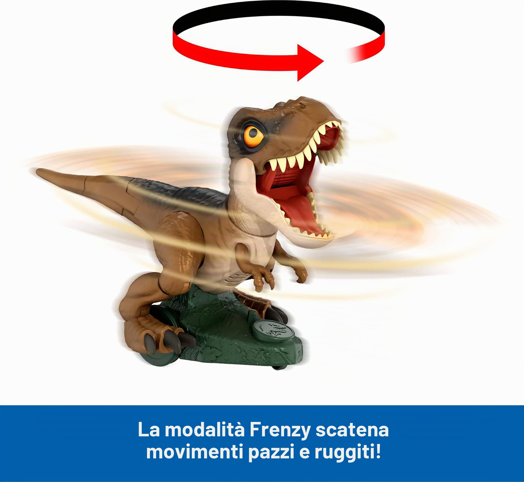 Mattel Jurassic World RC, dinosauro giocattolo Roarin' Frenzy T Rex con suono e 2 modalità, telecomando a tutte le funzioni, attacco o rotazione