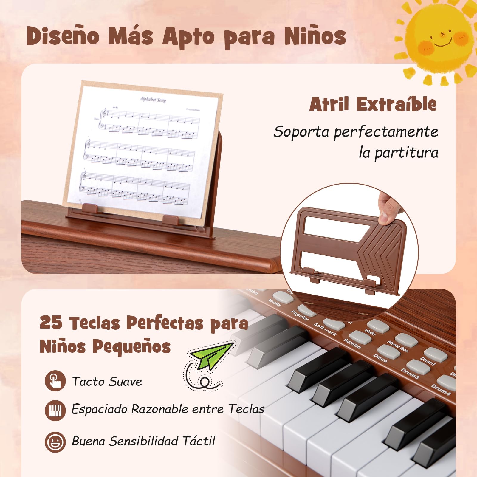COSTWAY Piano Infantil de 25 Teclas con Taburete y Atril, Órgano Electrónico Niños con Velocidad y Volumen Ajustables, Modo de Enseñanza, Marco Madera, Instrumento Musical para Niños 3+ Años (Marrón)