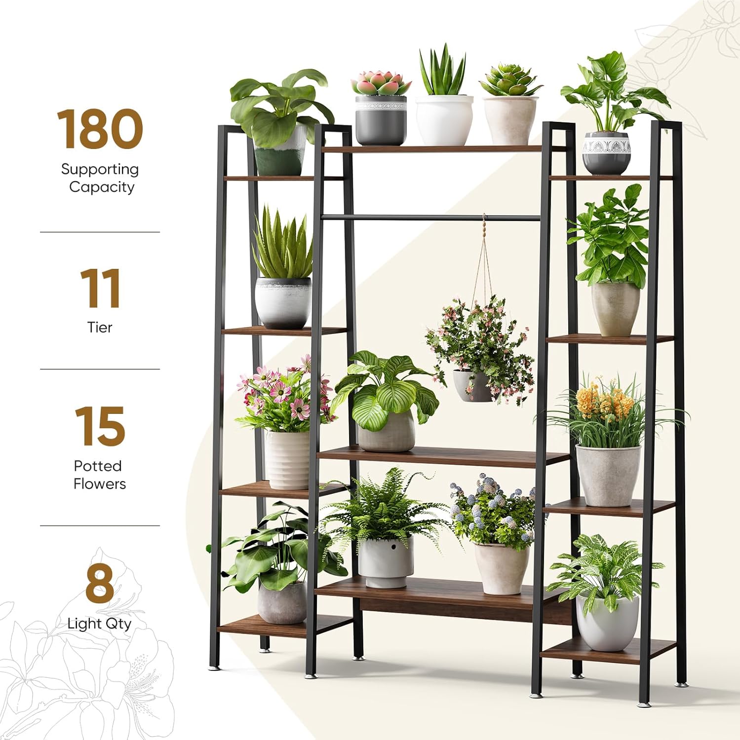 Cebihy 55" Tall Plant Stand with Grow Light, 12‑Tier, 3 Color Modes & 10 Brightness Levels, Trapezoid Wood & Metal Plant Shelf, Timer 3H/9H/12H, Safety Anti‑Tip Kit, Holds 15‑20 Indoor Plants (Black Upgraded)