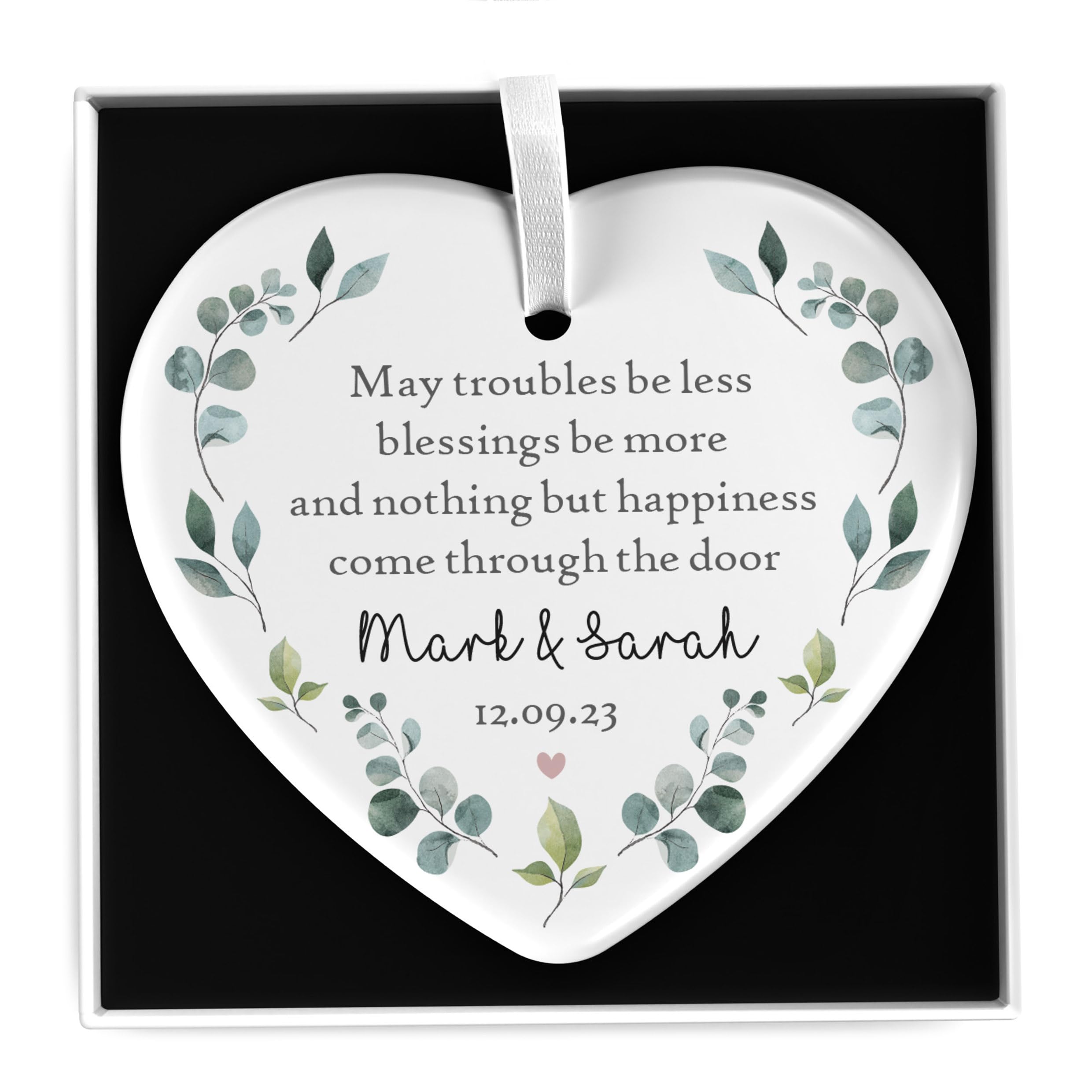 Beecreative New House Blessings Plaque, House Warming Gifts New Home, Personalised May Your Troubles Be Less White Ceramic Heart Plaque Gift, With Gift Box