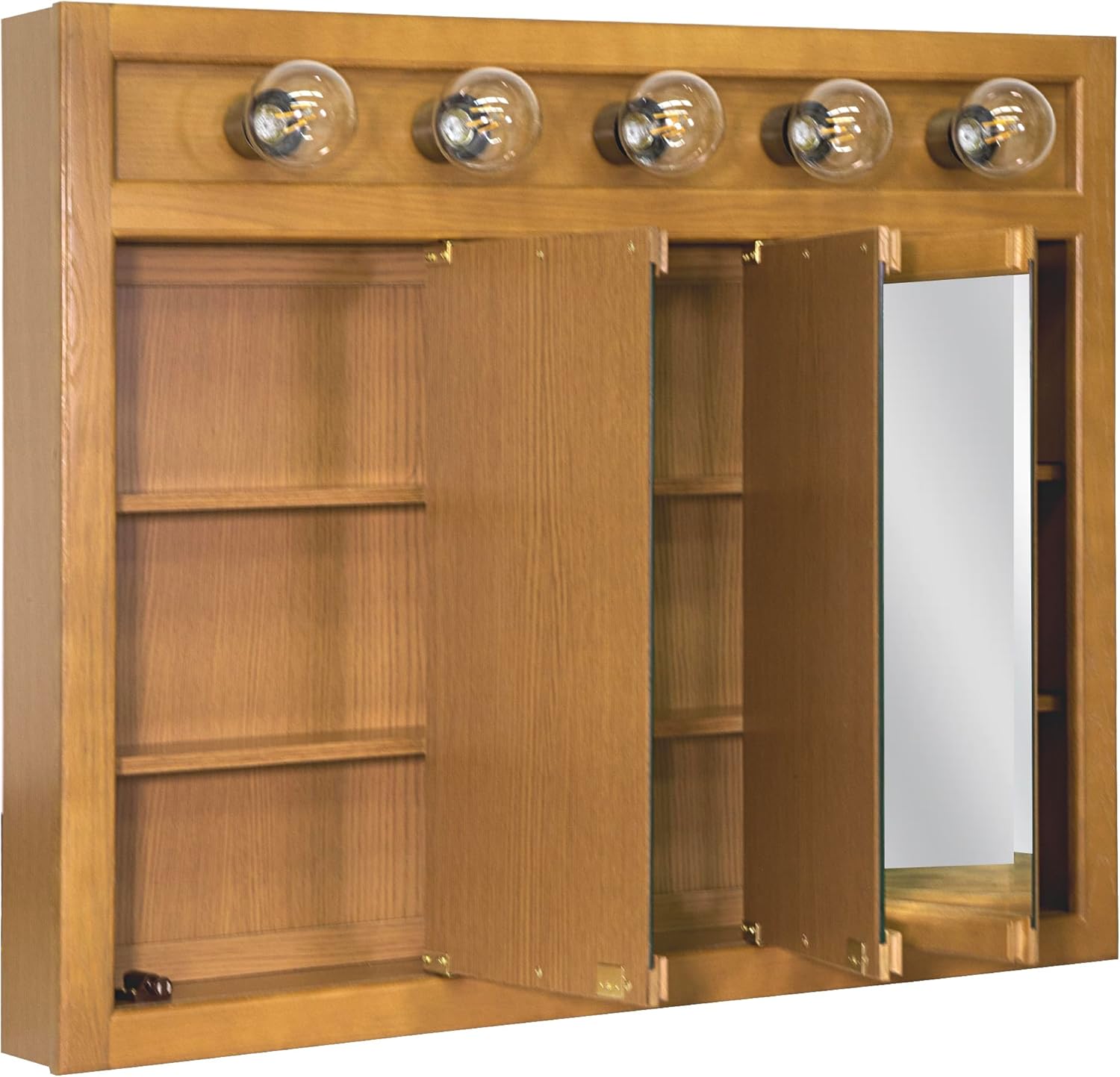 Design House Richland Medicine Cabinet with 5 Lights, Fully Assembled, Wall Mounted, 3 Mirrored Doors, Wood Frame, Oak Finish, 36 in x 5 in x 30 in, 530618-NOK